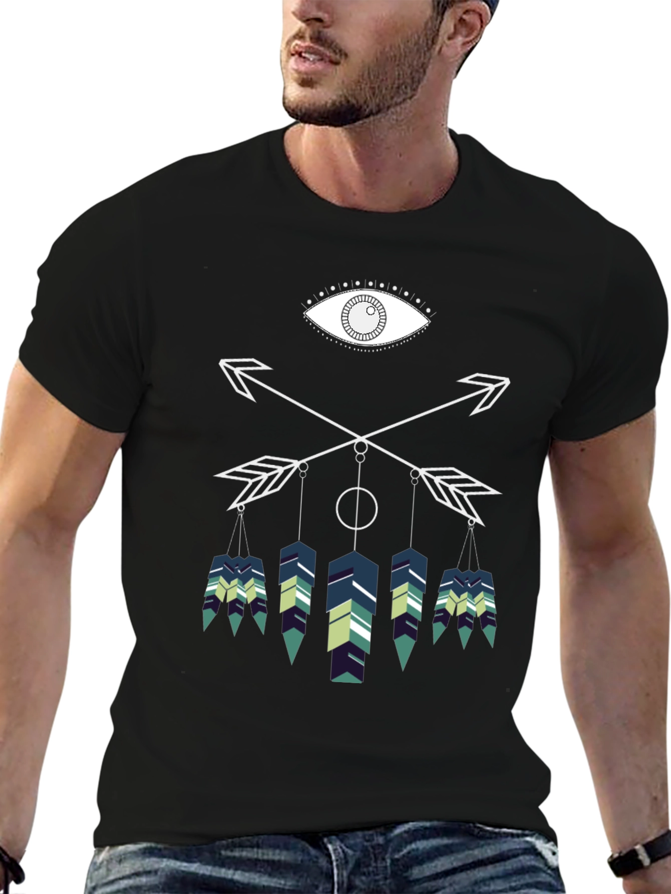 Geometric Feather Graphic Tee - Black Cotton Blend