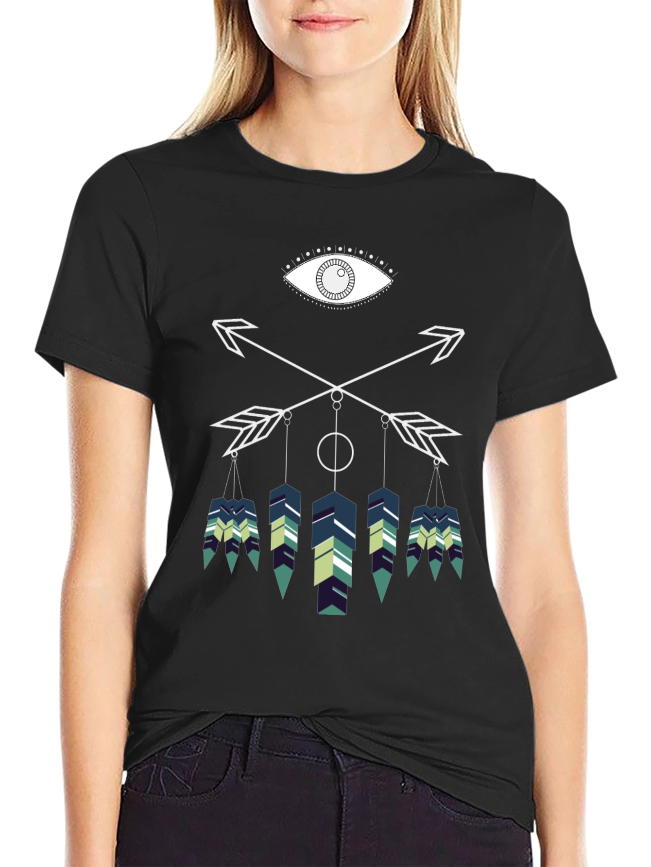Geometric Feather Graphic Tee - Black Cotton Blend