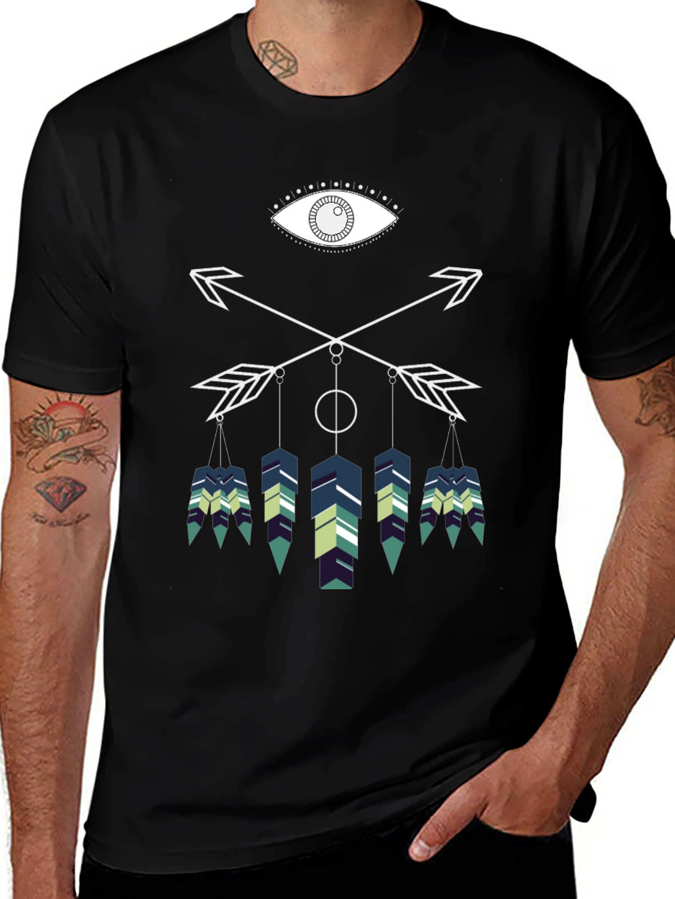 Geometric Feather Graphic Tee - Black Cotton Blend