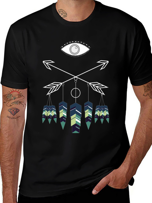 Geometric Feather Graphic Tee - Black Cotton Blend