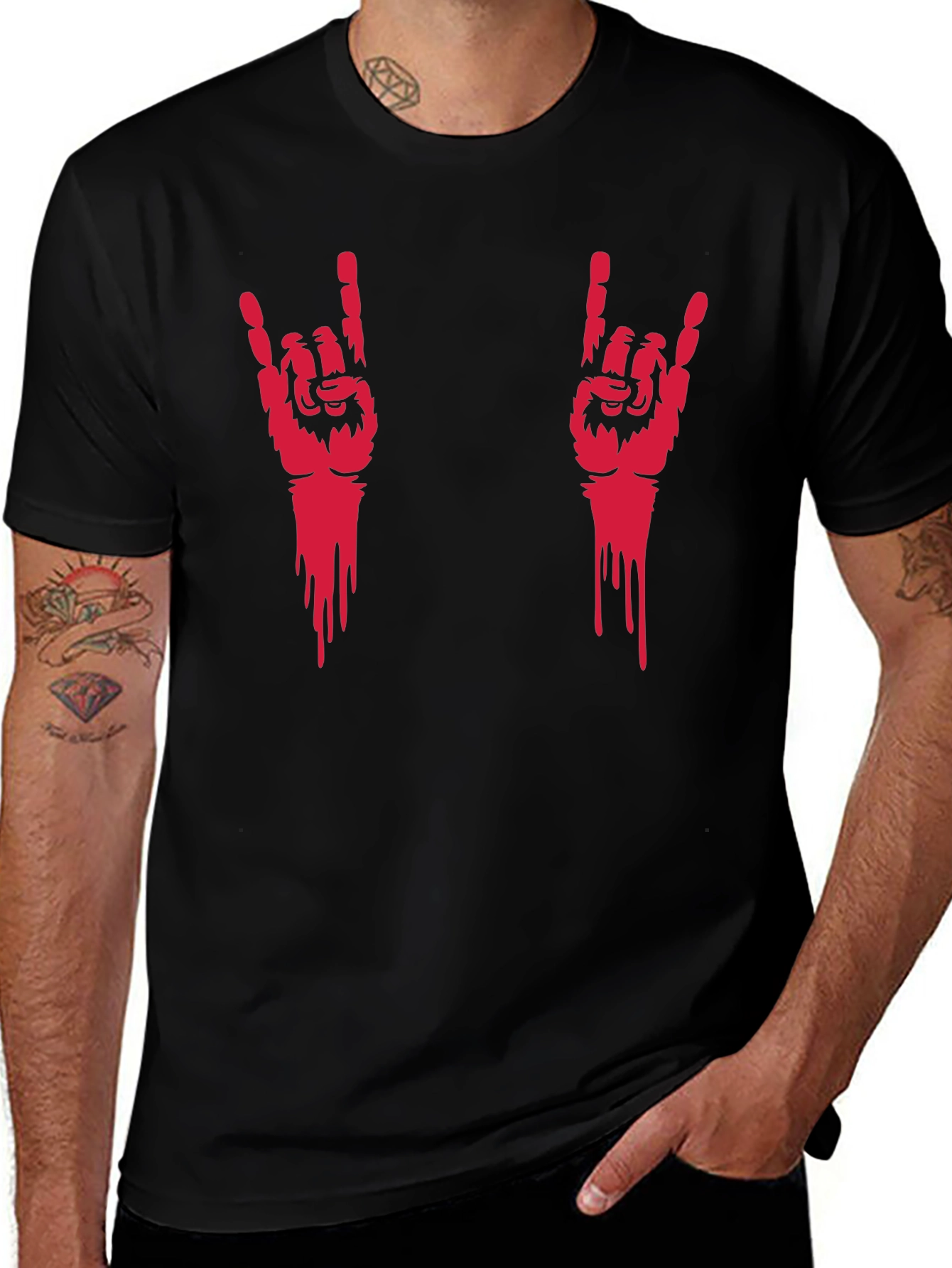 Rock On Hand Gesture Graphic Tee - Black