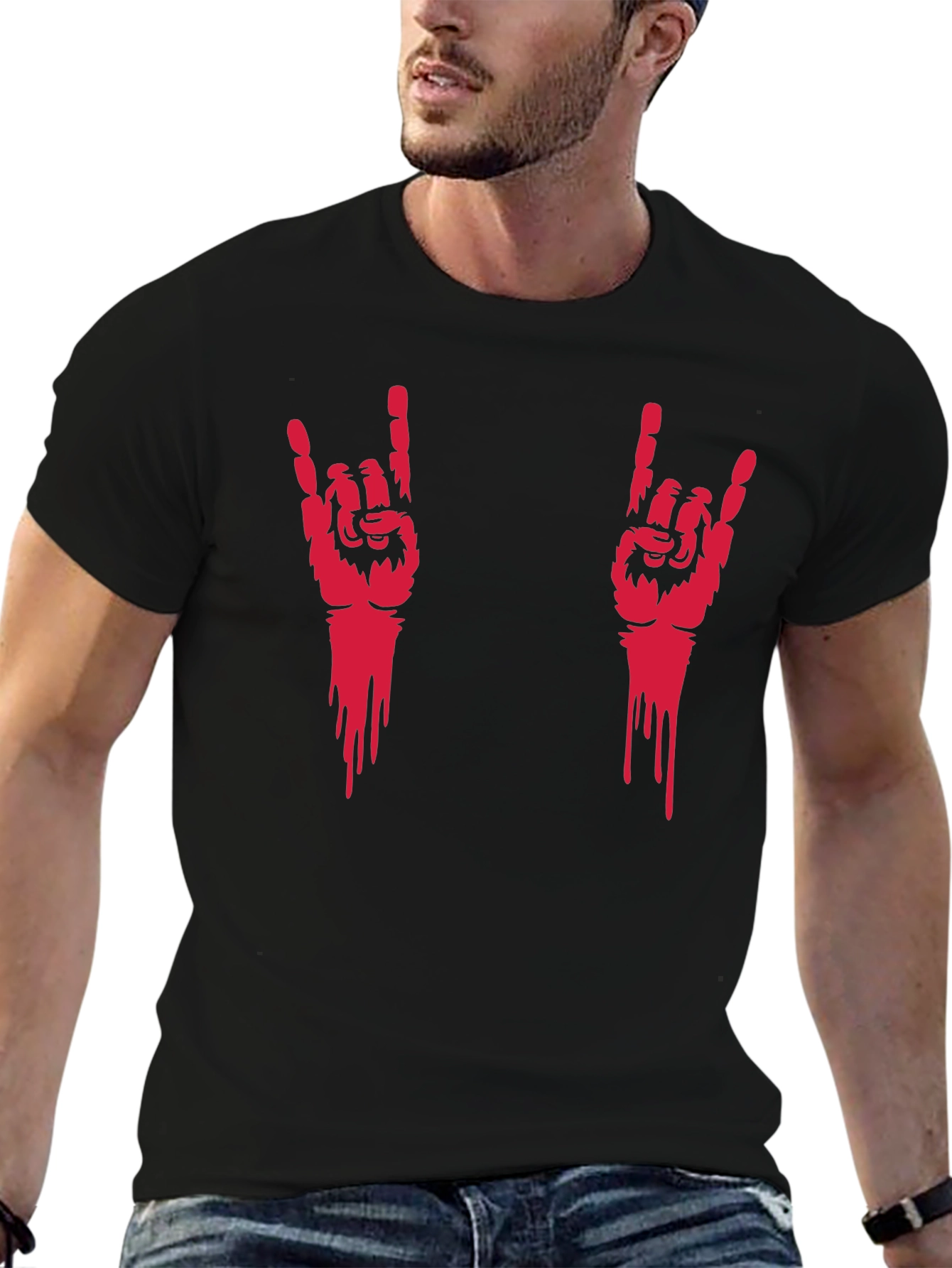 Rock On Hand Gesture Graphic Tee - Black