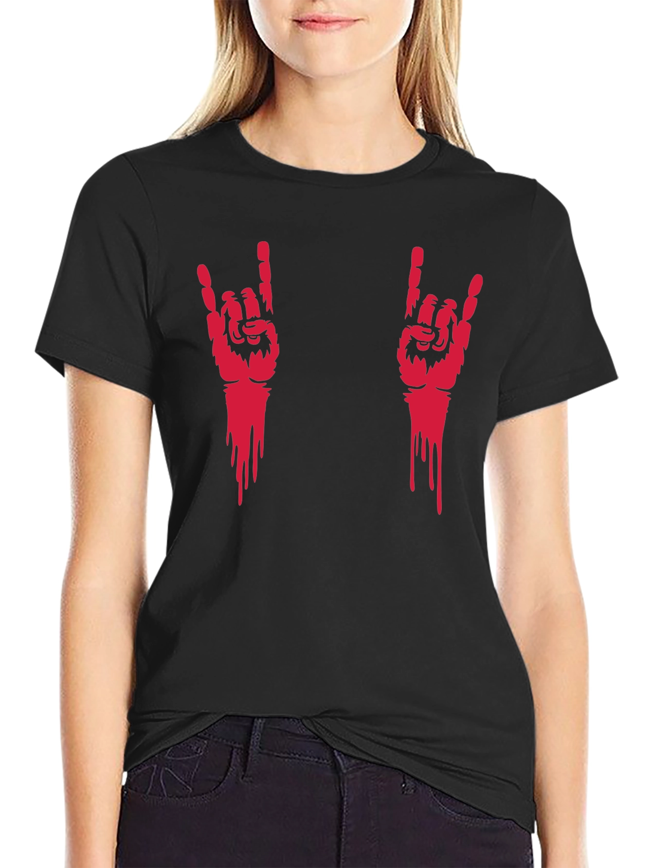 Rock On Hand Gesture Graphic Tee - Black