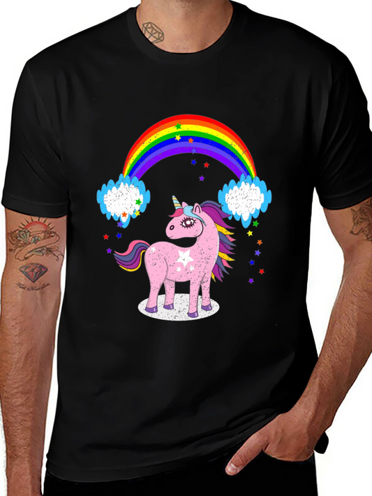 Unicorn & Rainbow Graphic Tee - Black Cotton T-Shirt