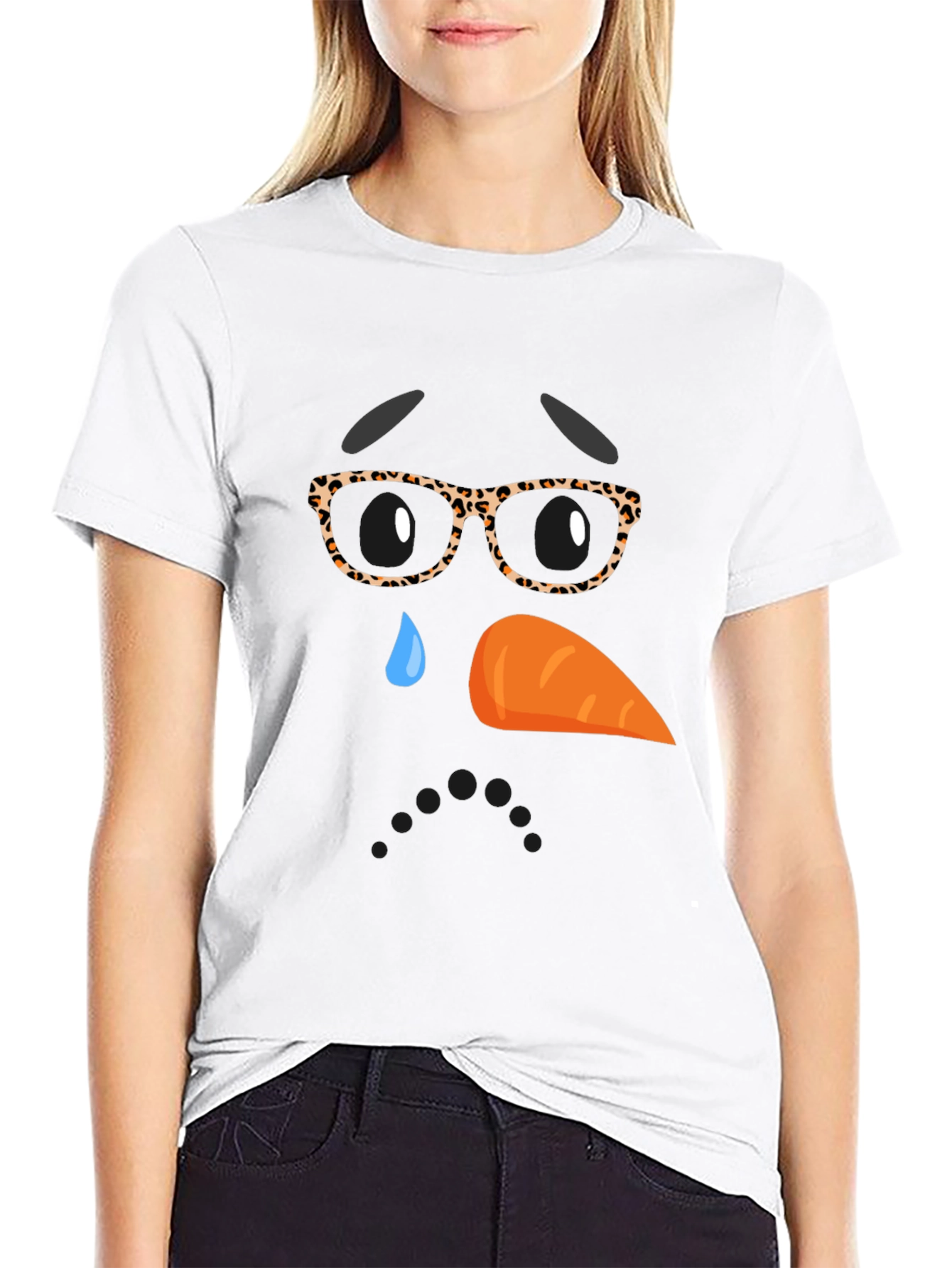 Sad Snowman Face Graphic T-Shirt