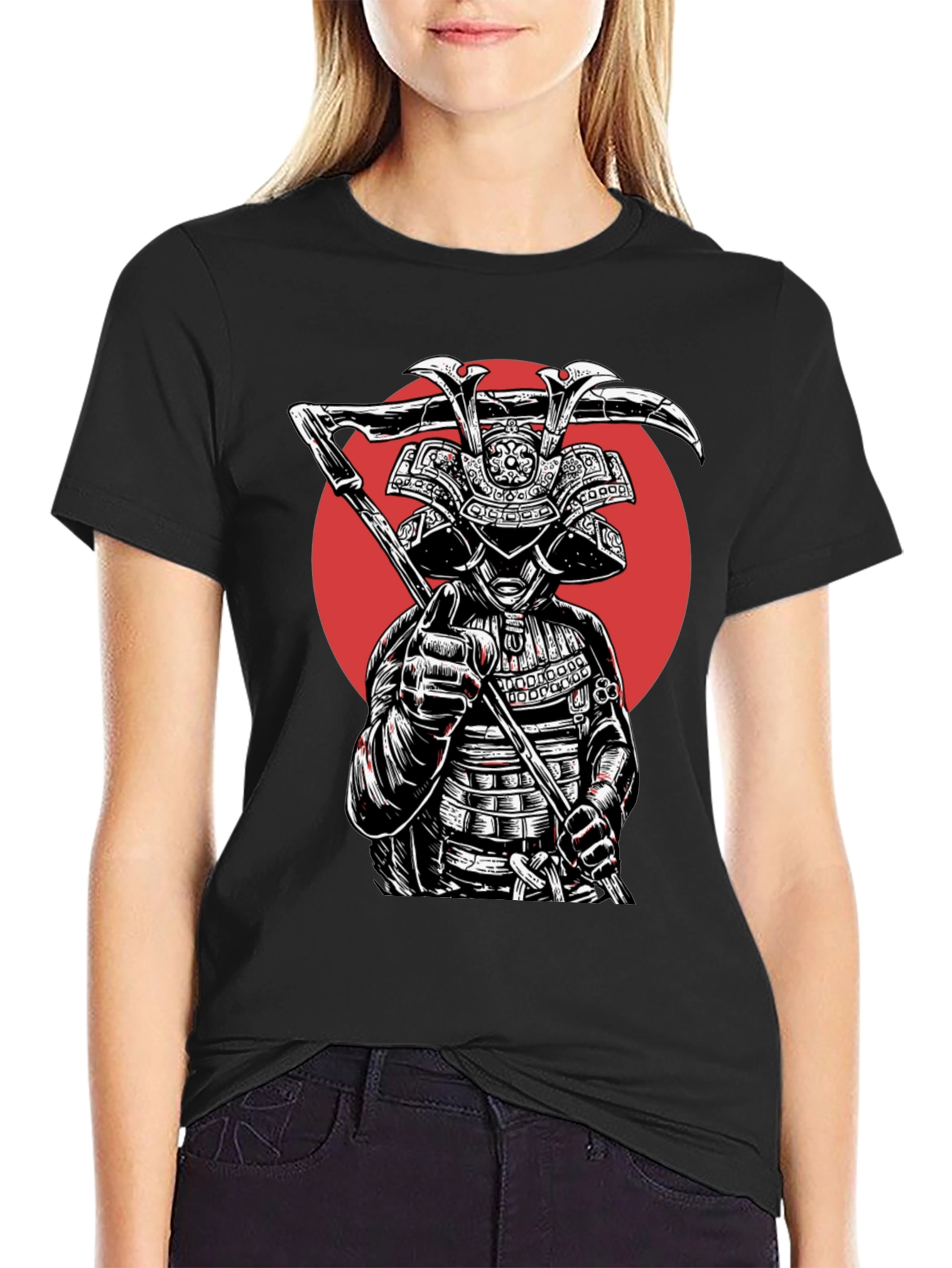 Samurai Warrior Graphic Tee - Black Cotton Blend