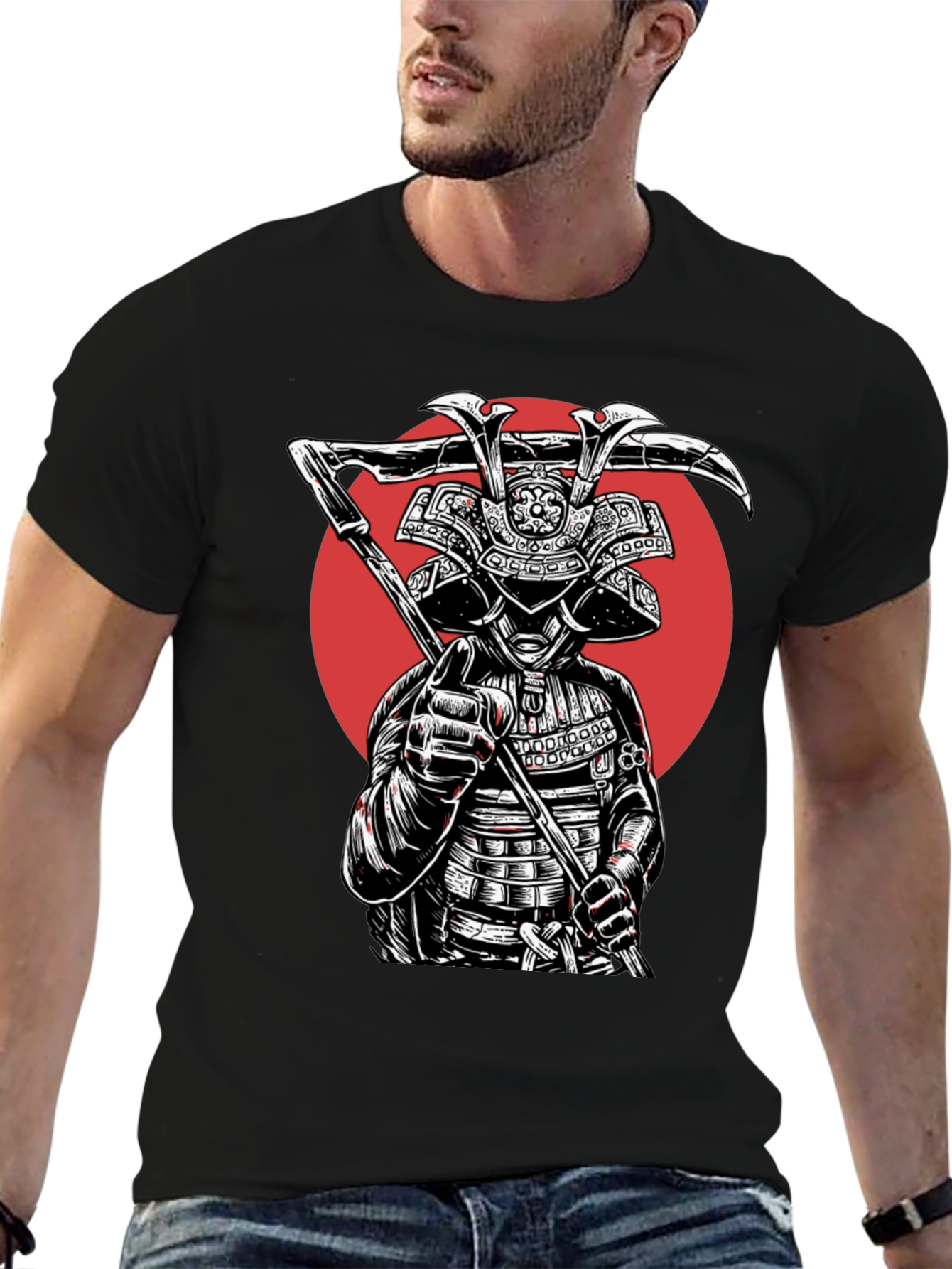 Samurai Warrior Graphic Tee - Black Cotton Blend