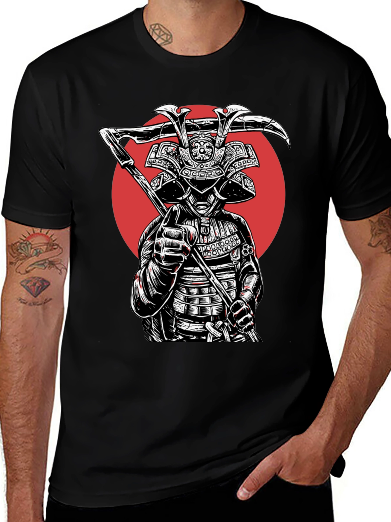 Samurai Warrior Graphic Tee - Black Cotton Blend