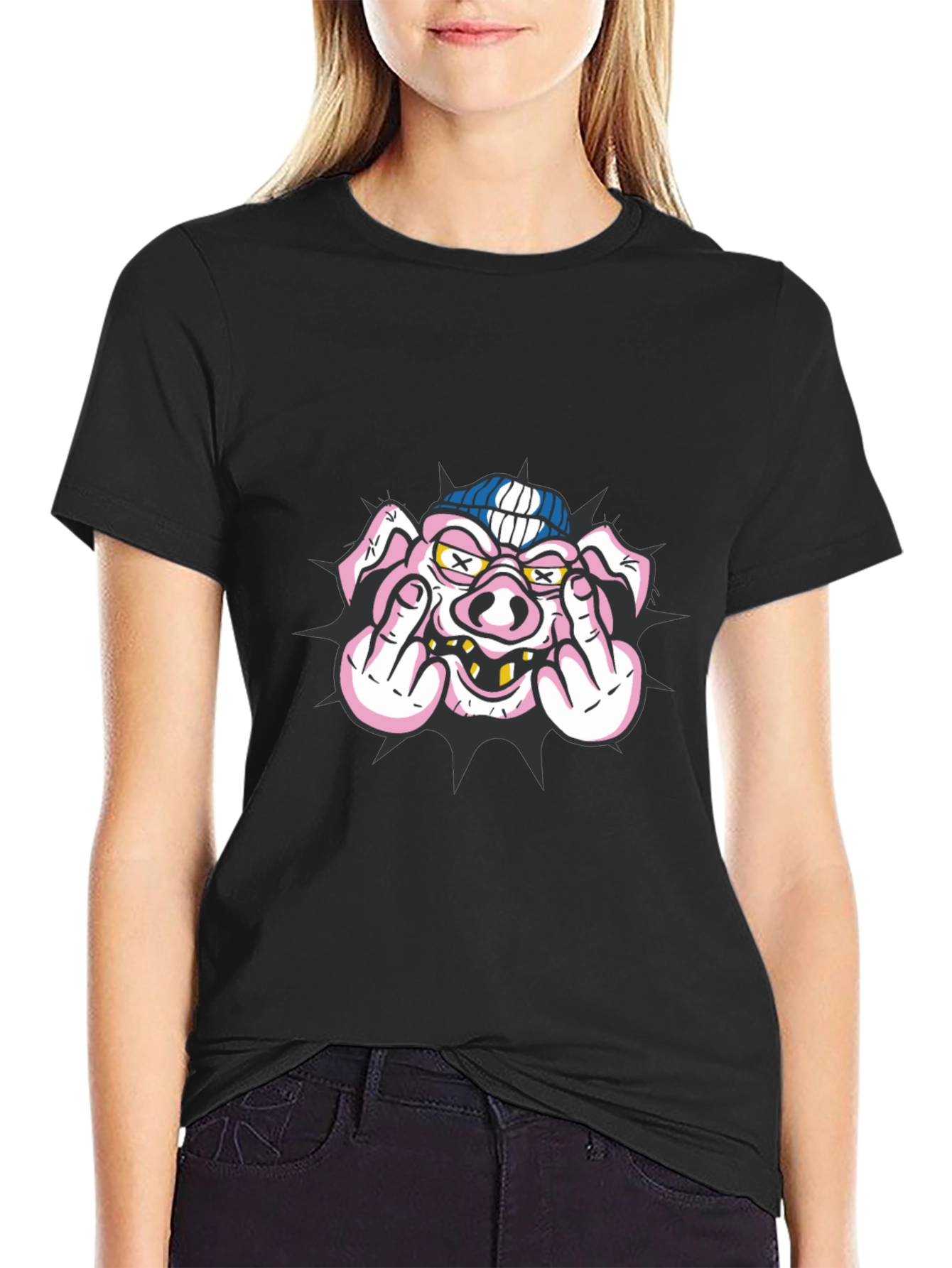 Pig Flip-Off Graphic Tee - Black Cotton Blend