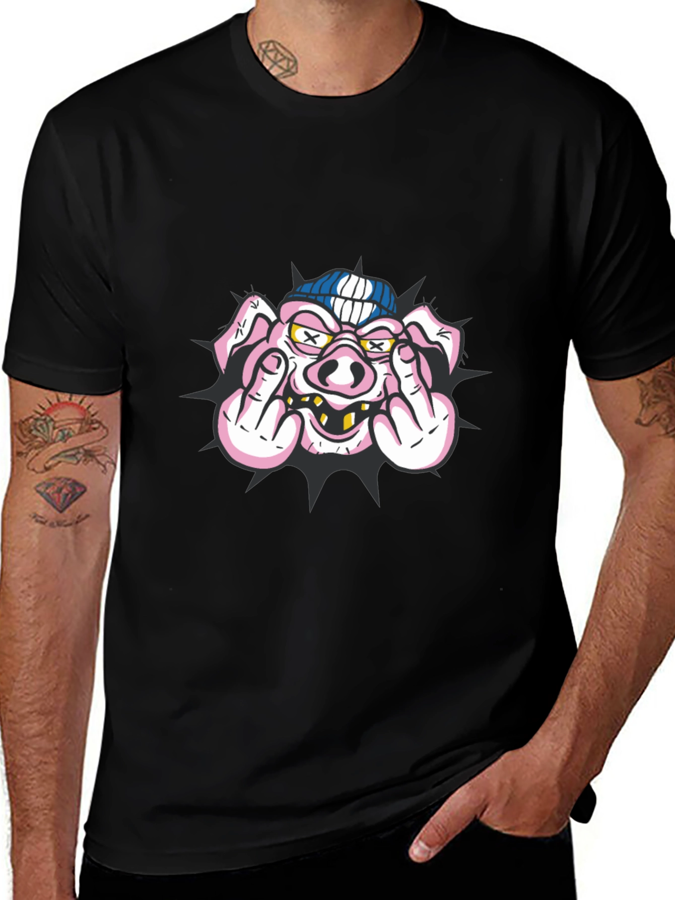Pig Flip-Off Graphic Tee - Black Cotton Blend