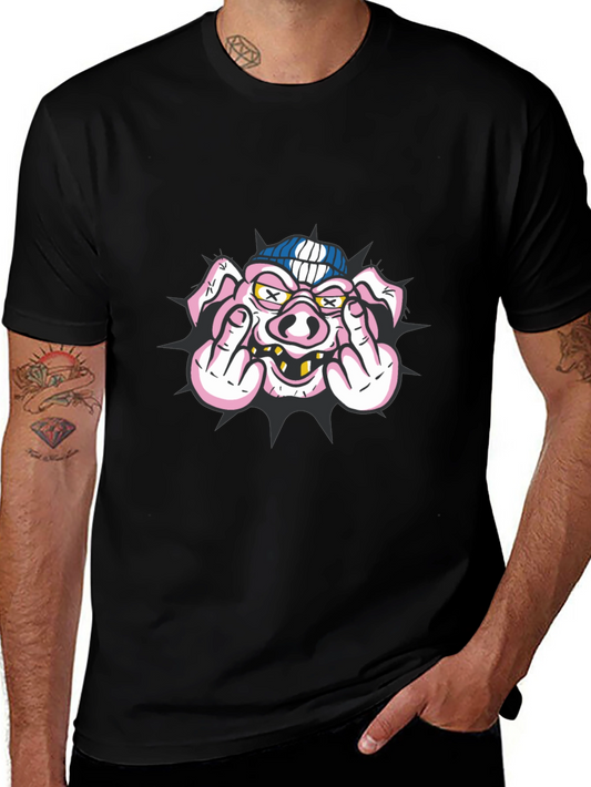 Pig Flip-Off Graphic Tee - Black Cotton Blend