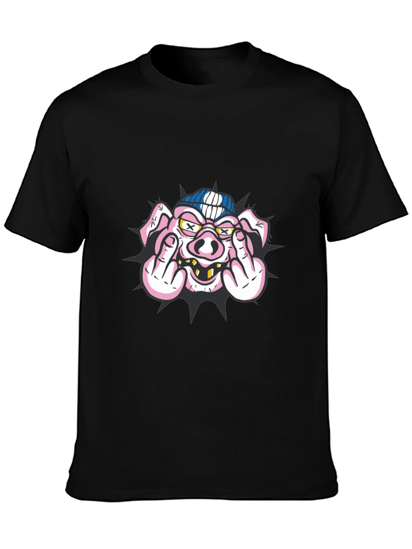 Pig Flip-Off Graphic Tee - Black Cotton Blend