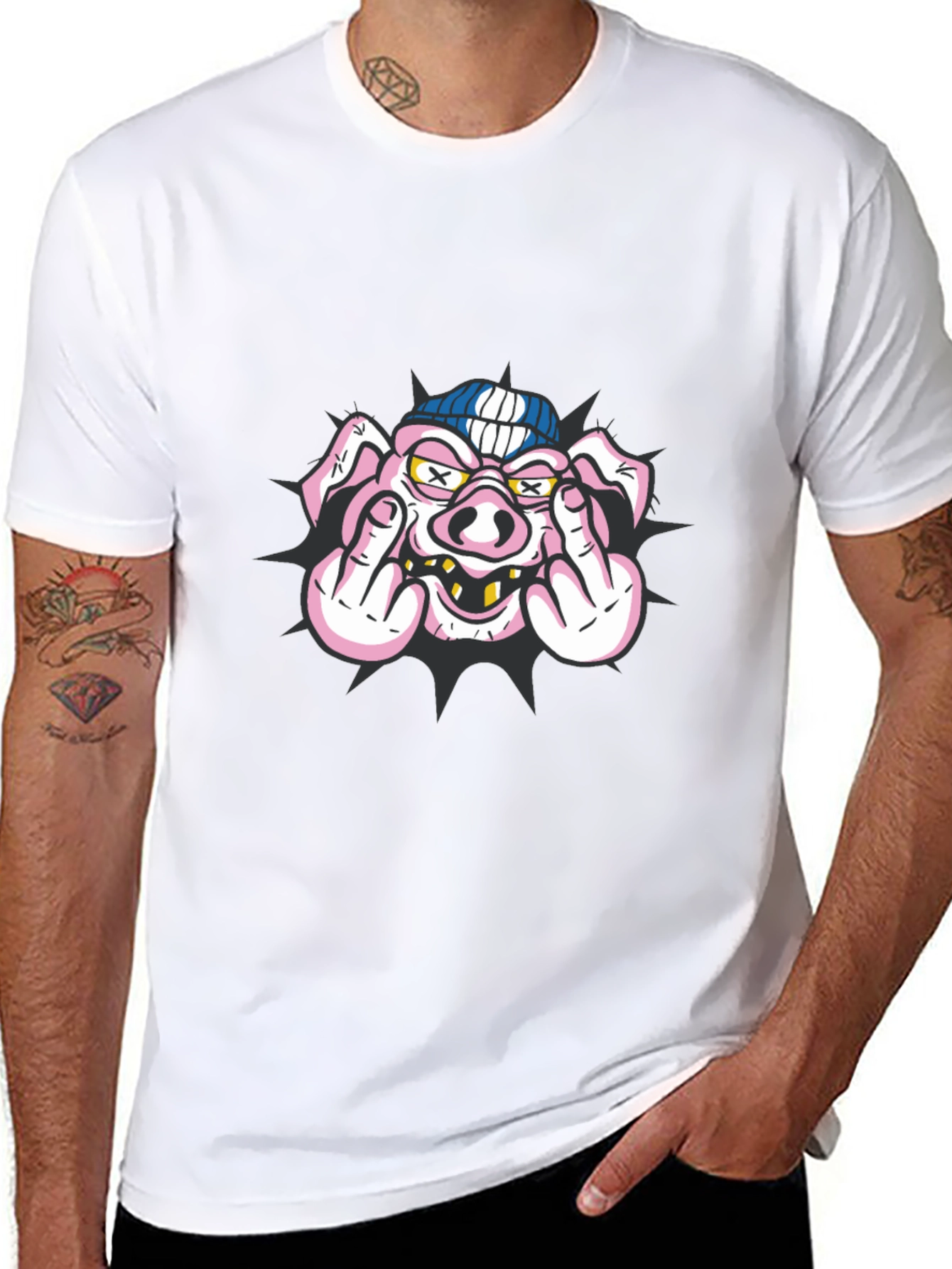 Pig Flip-Off Graphic Tee - Black Cotton Blend