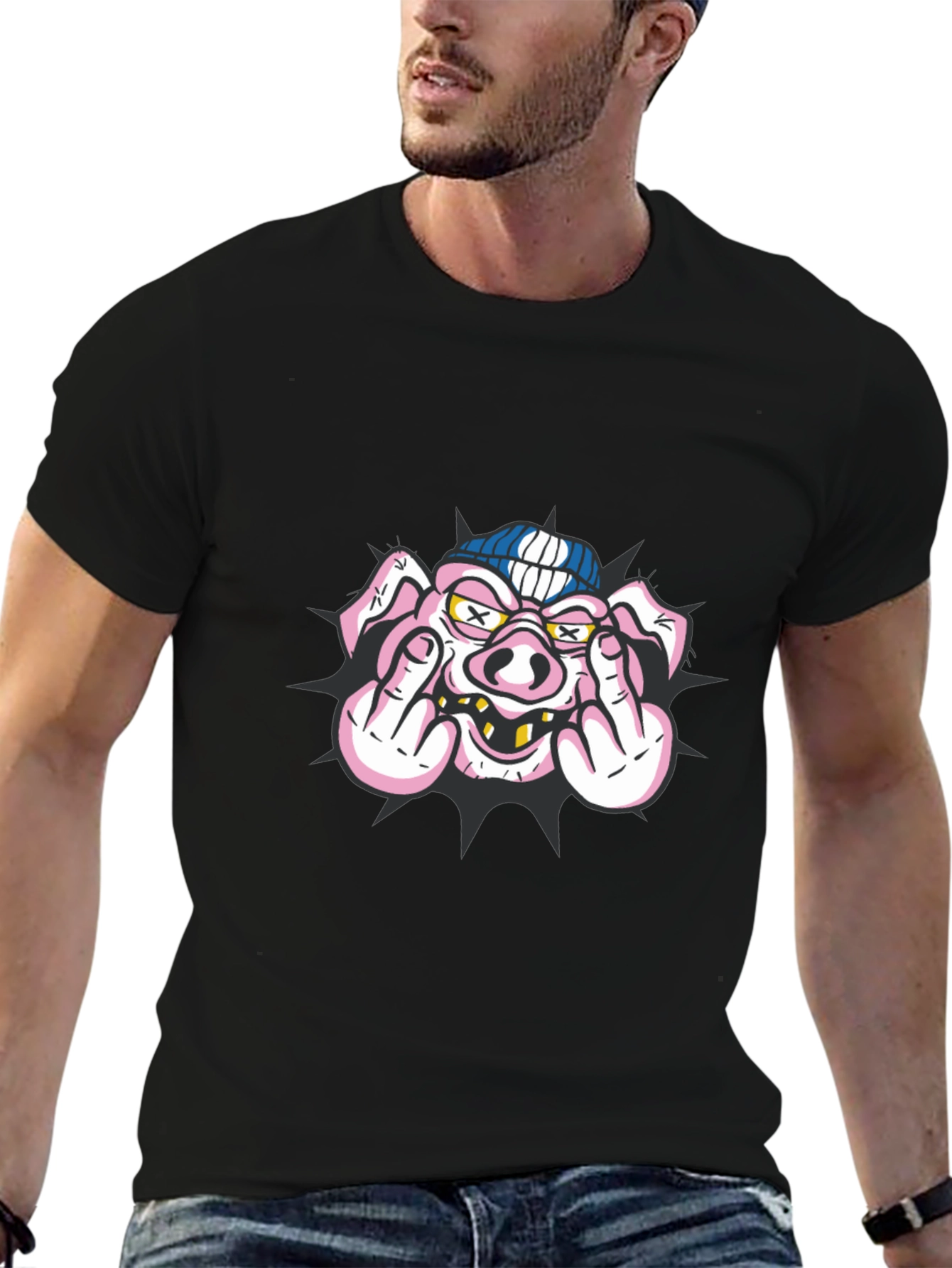 Pig Flip-Off Graphic Tee - Black Cotton Blend