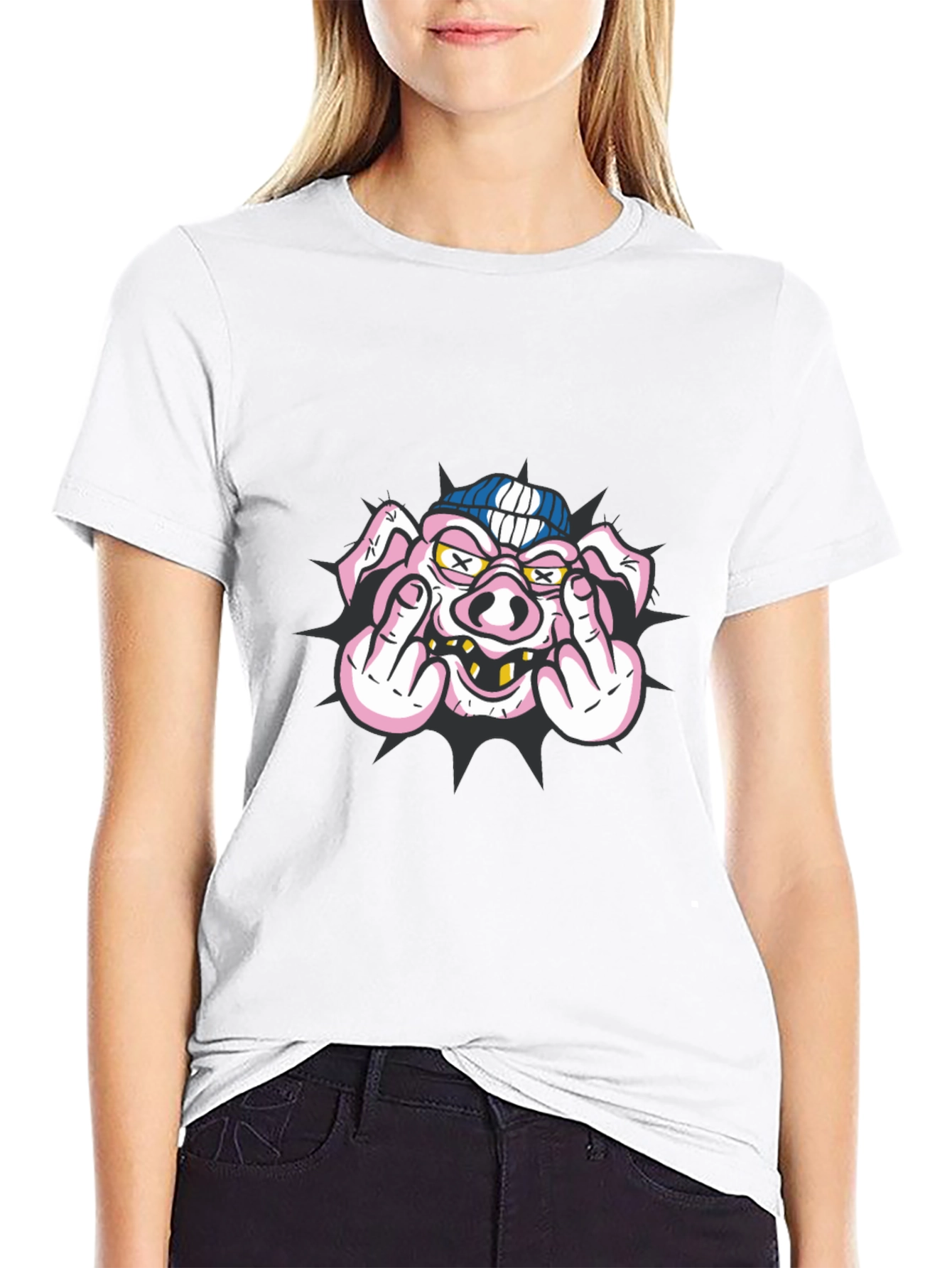 Pig Flip-Off Graphic Tee - Black Cotton Blend