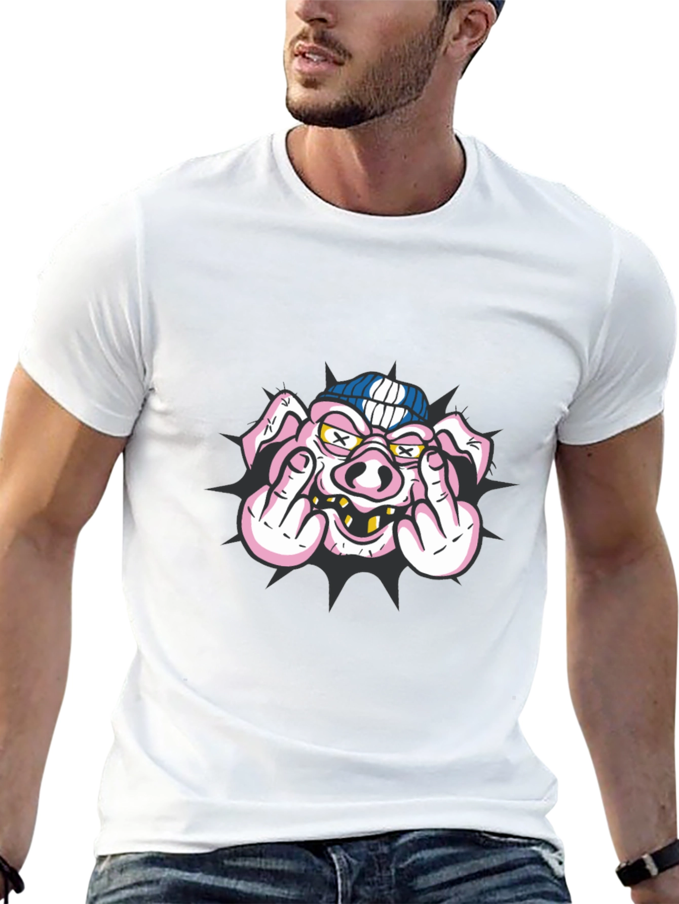 Pig Flip-Off Graphic Tee - Black Cotton Blend