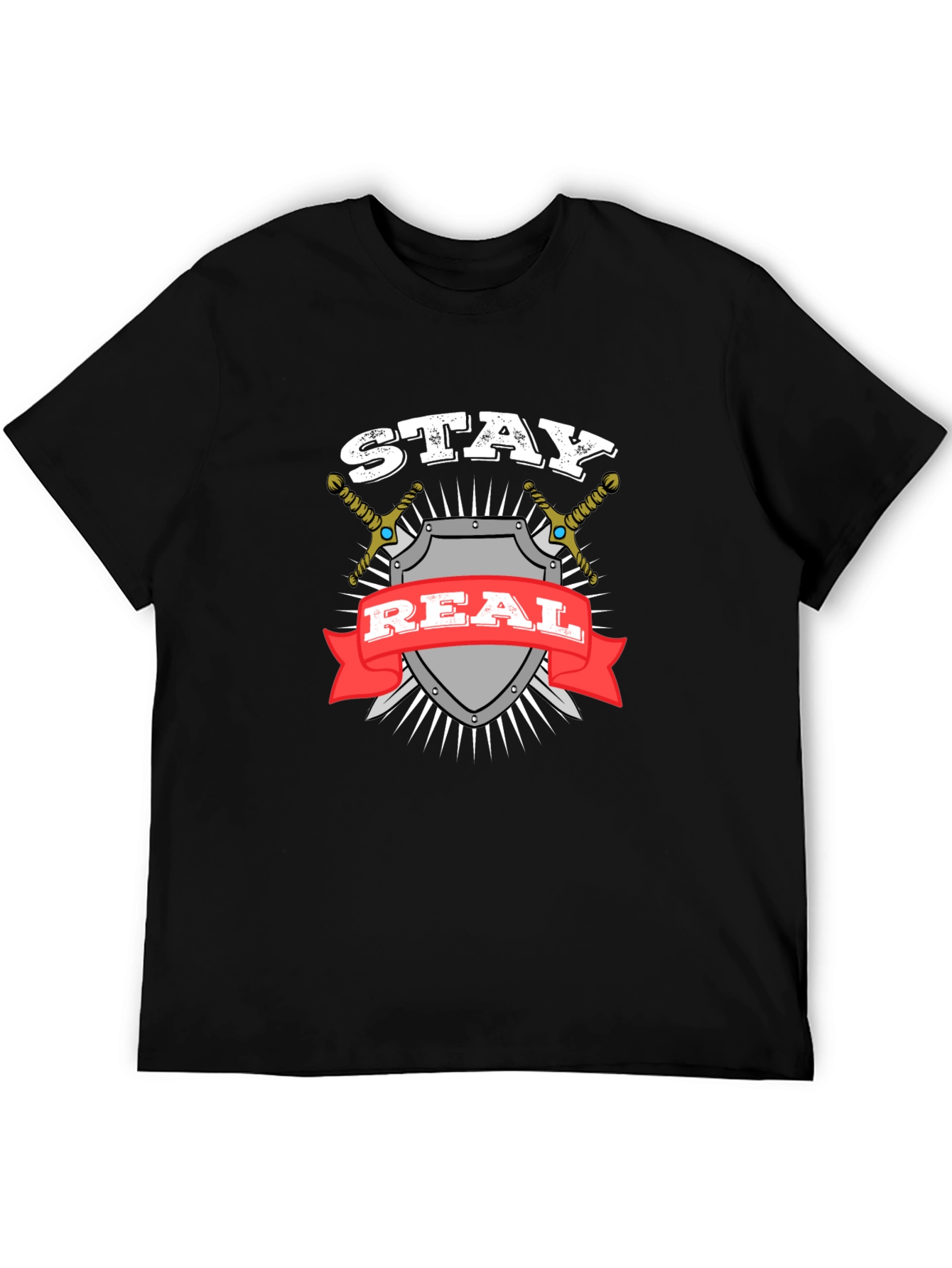 Stay Real T-Shirt Shield Swords Black Cotton