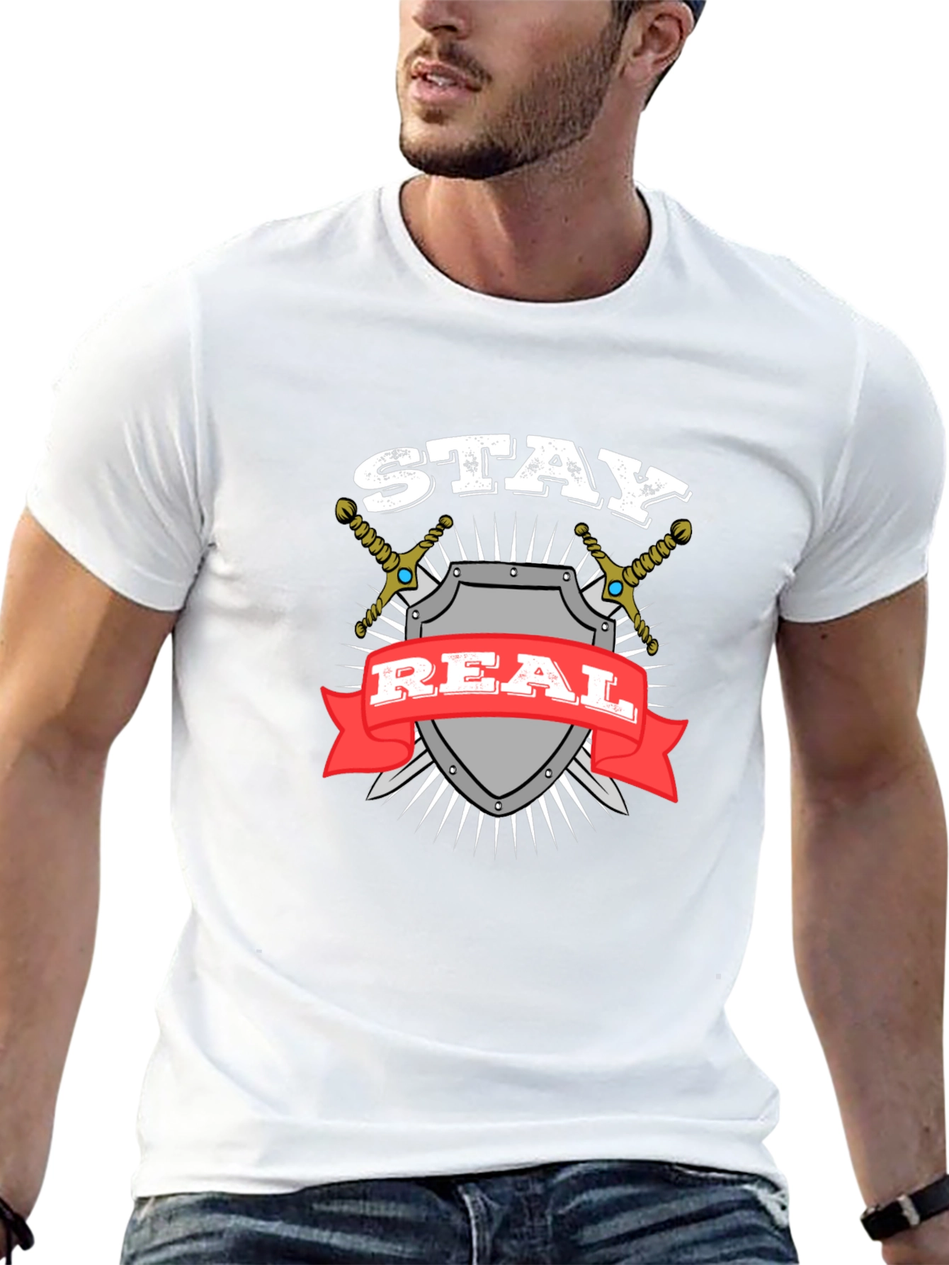 Stay Real T-Shirt Shield Swords Black Cotton