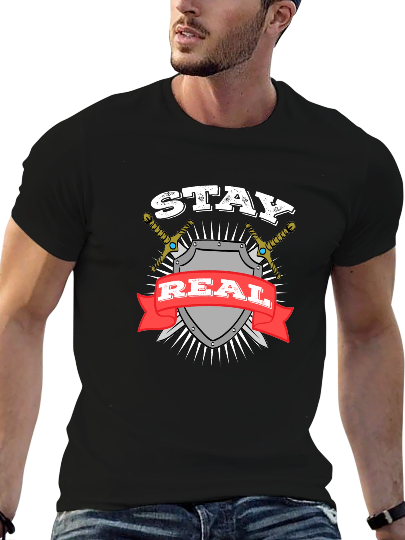 Stay Real T-Shirt Shield Swords Black Cotton