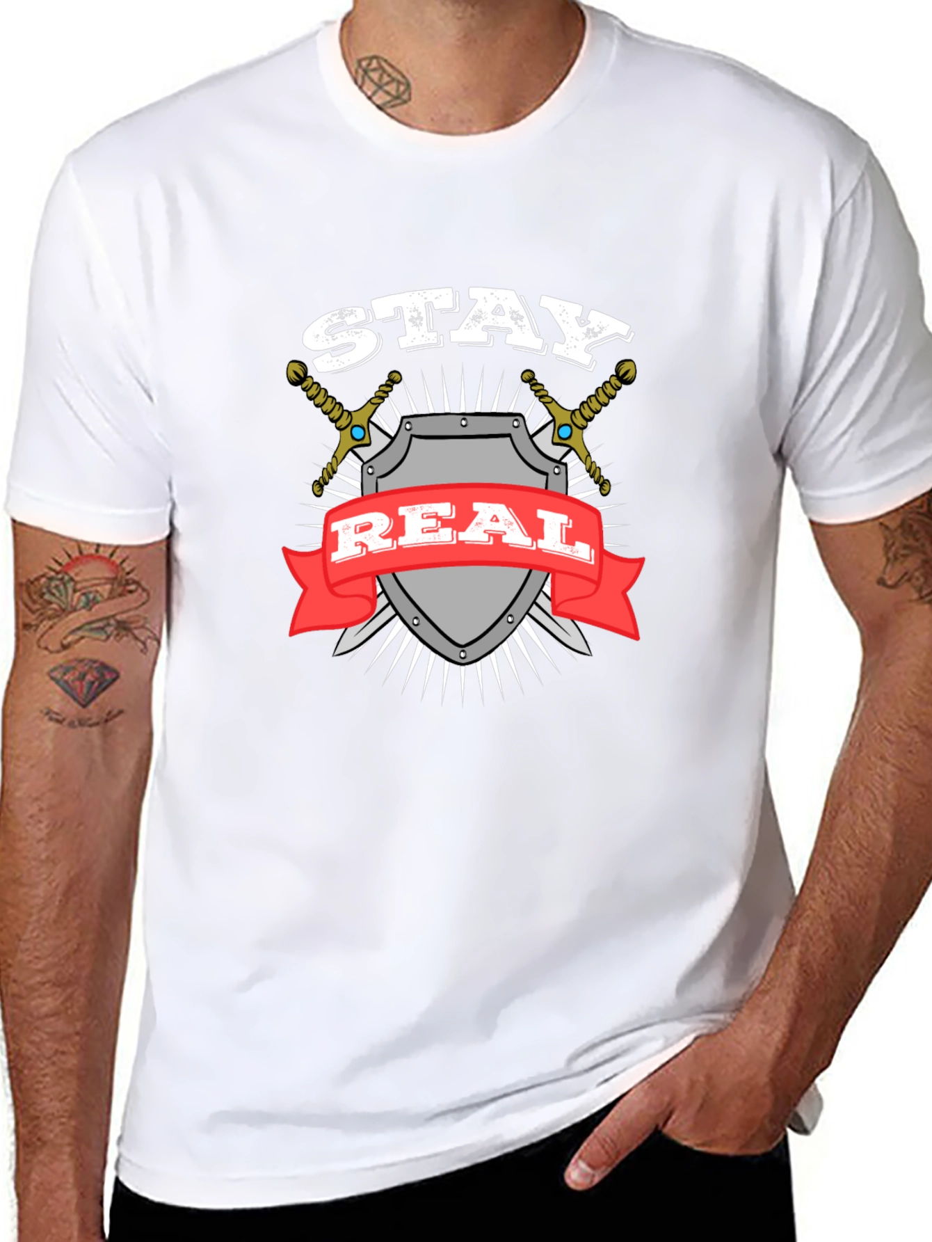 Stay Real T-Shirt Shield Swords Black Cotton
