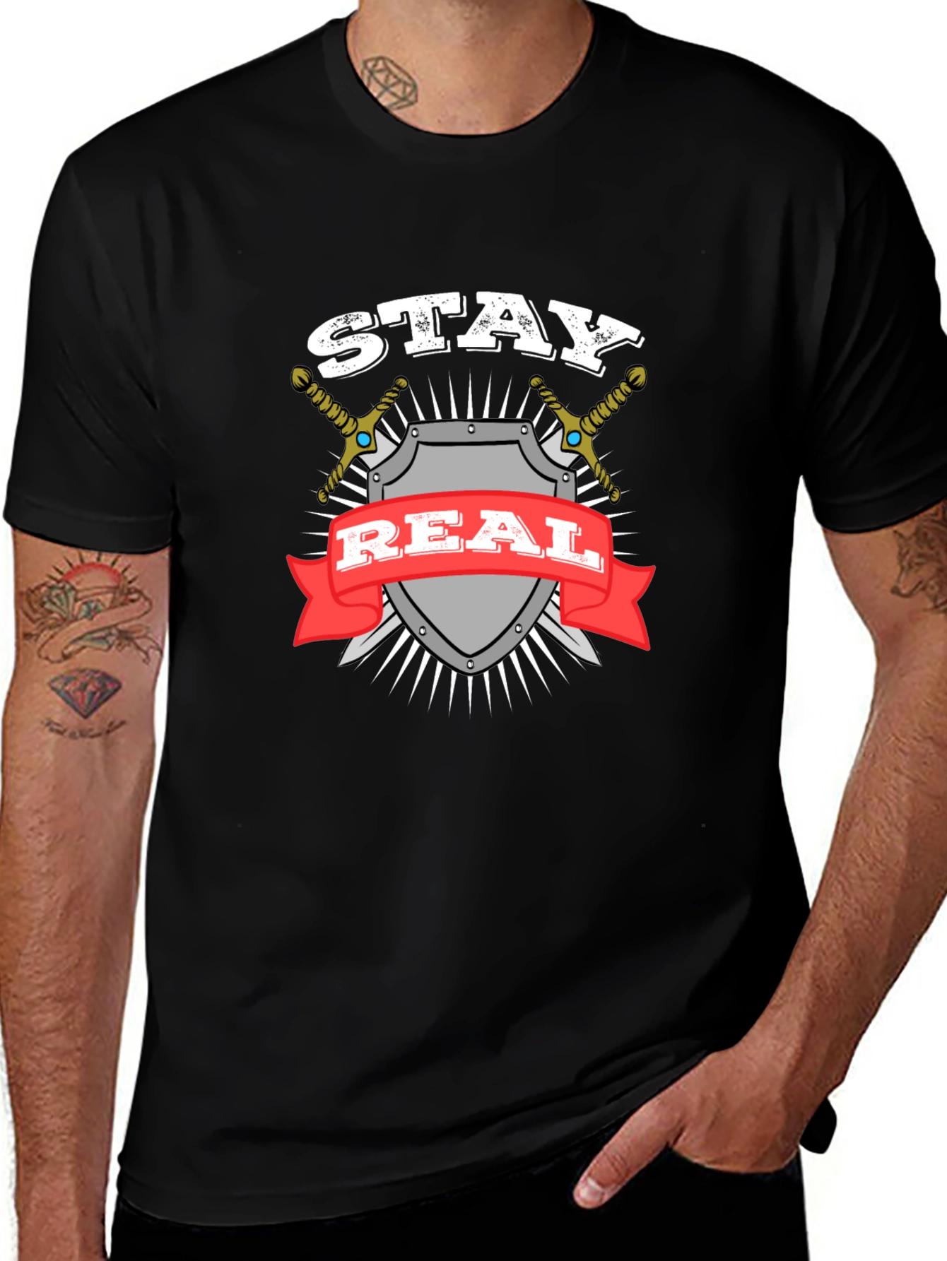 Stay Real T-Shirt Shield Swords Black Cotton