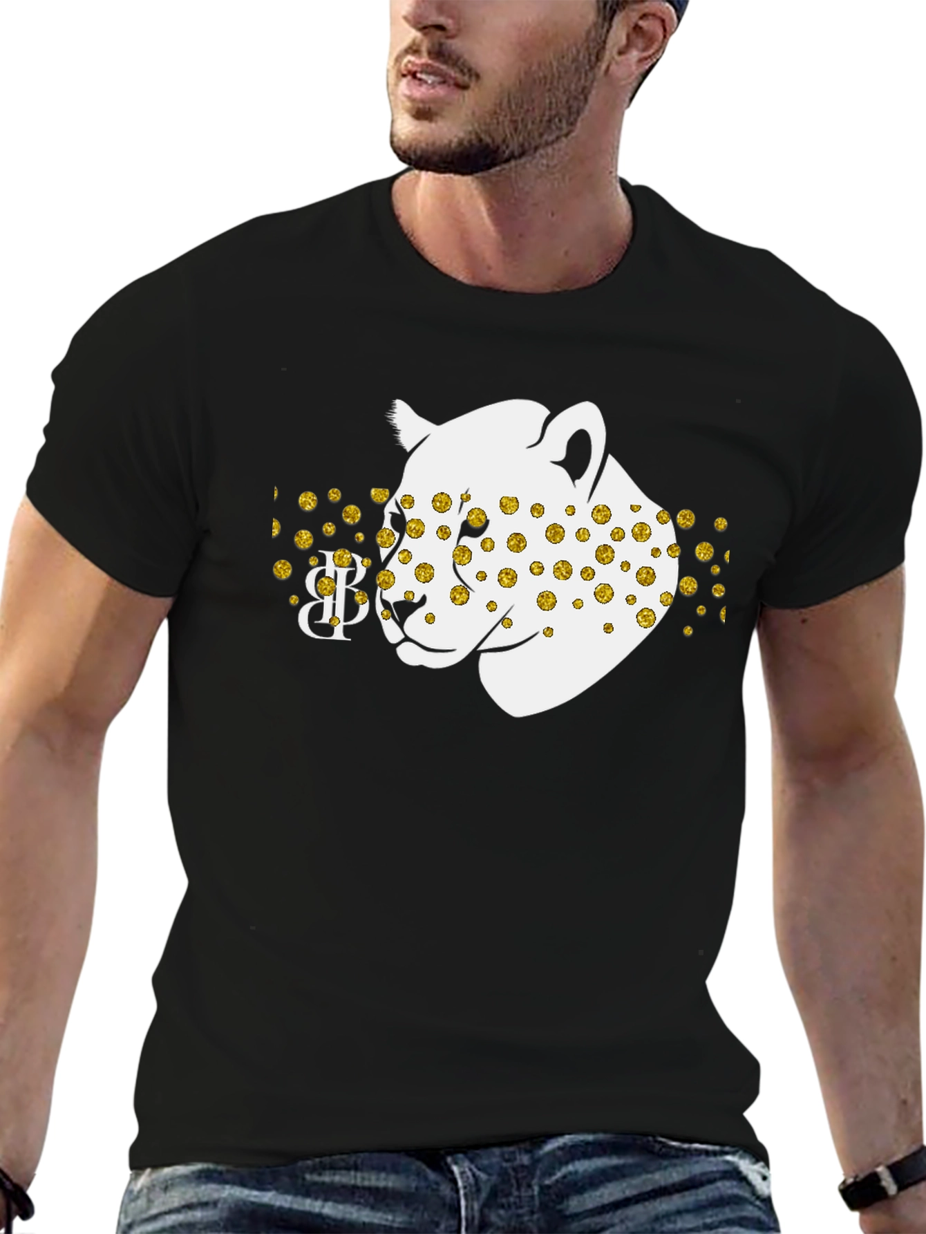 Black Tee with Leopard Print Design