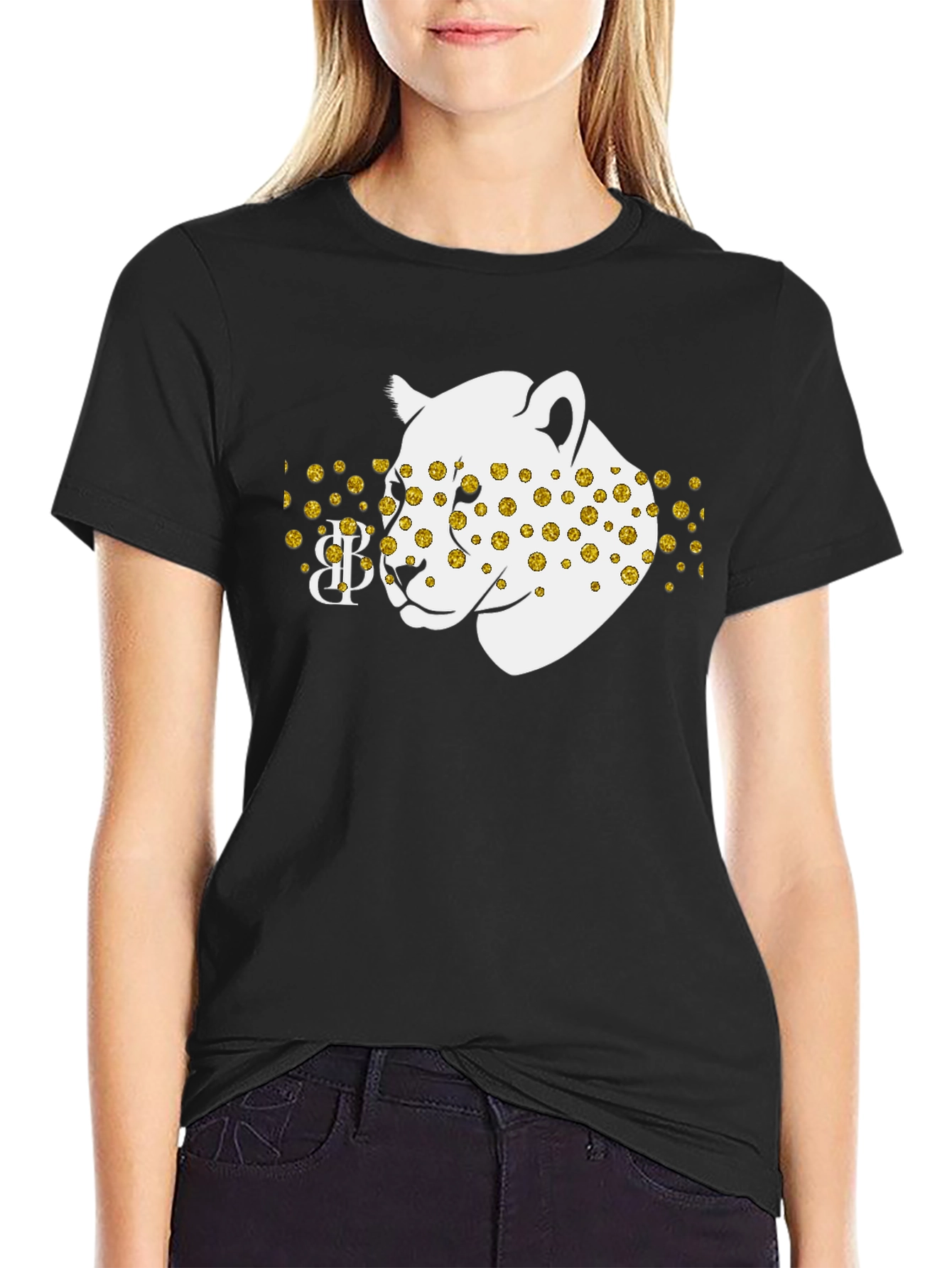 Black Tee with Leopard Print Design