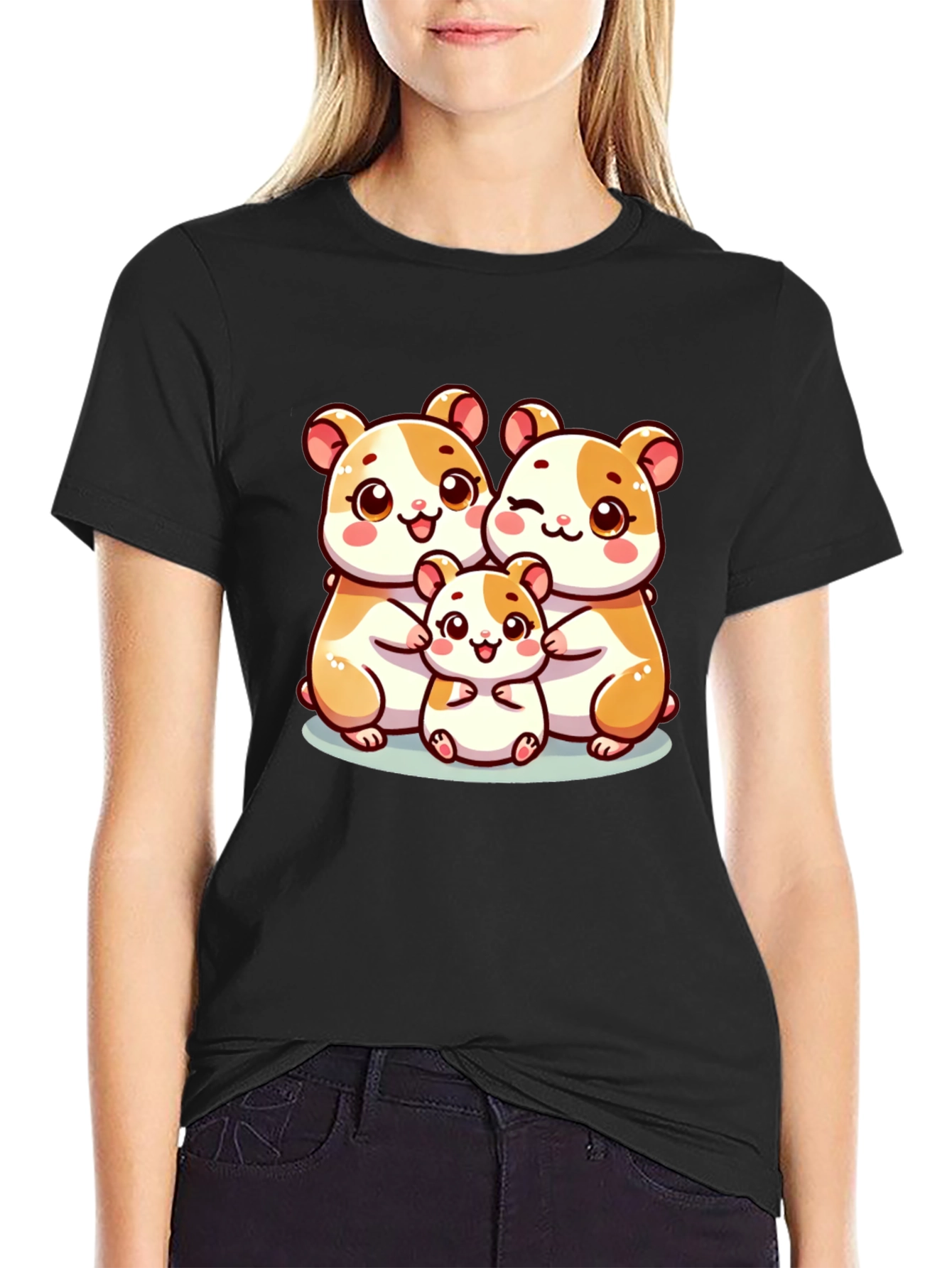 Cute Hamster Family Black T-Shirt