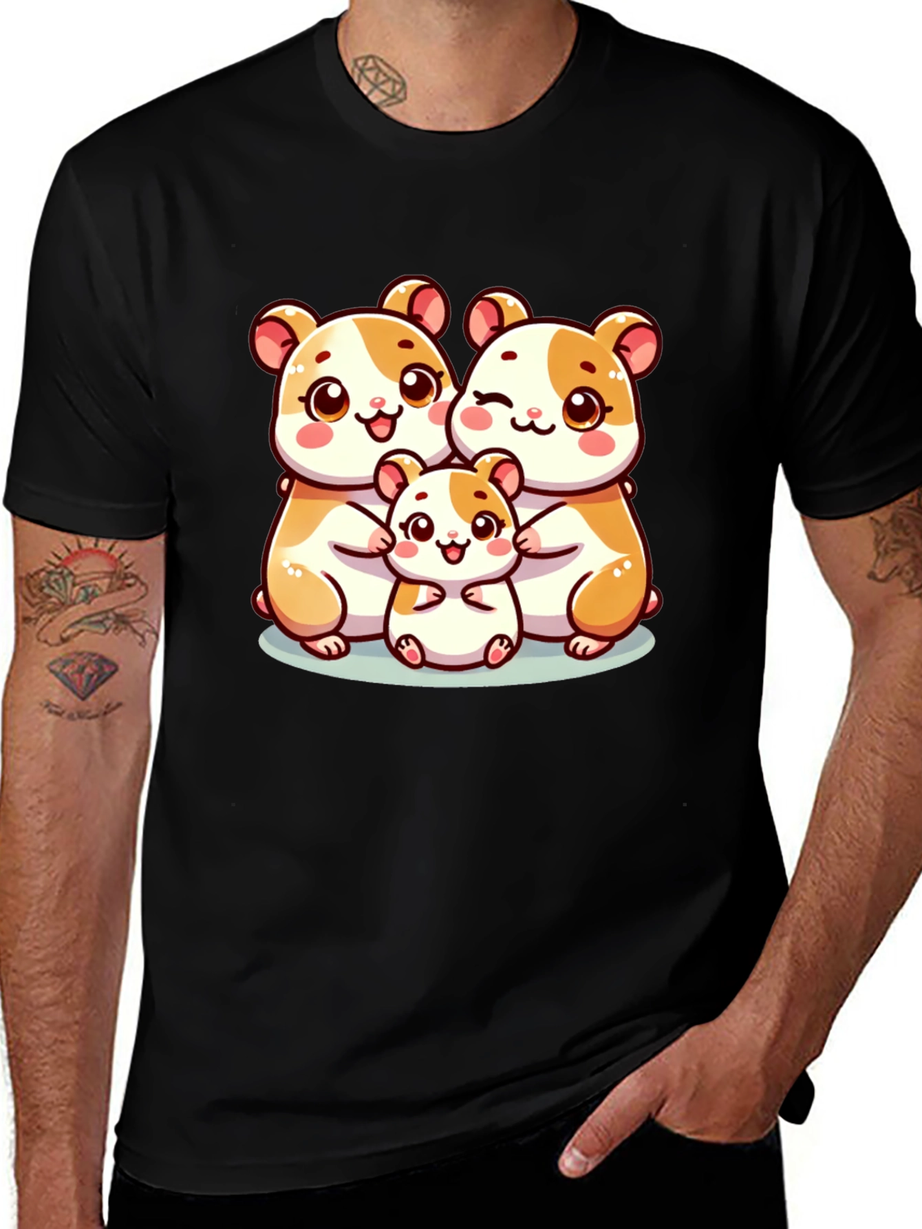 Cute Hamster Family Black T-Shirt