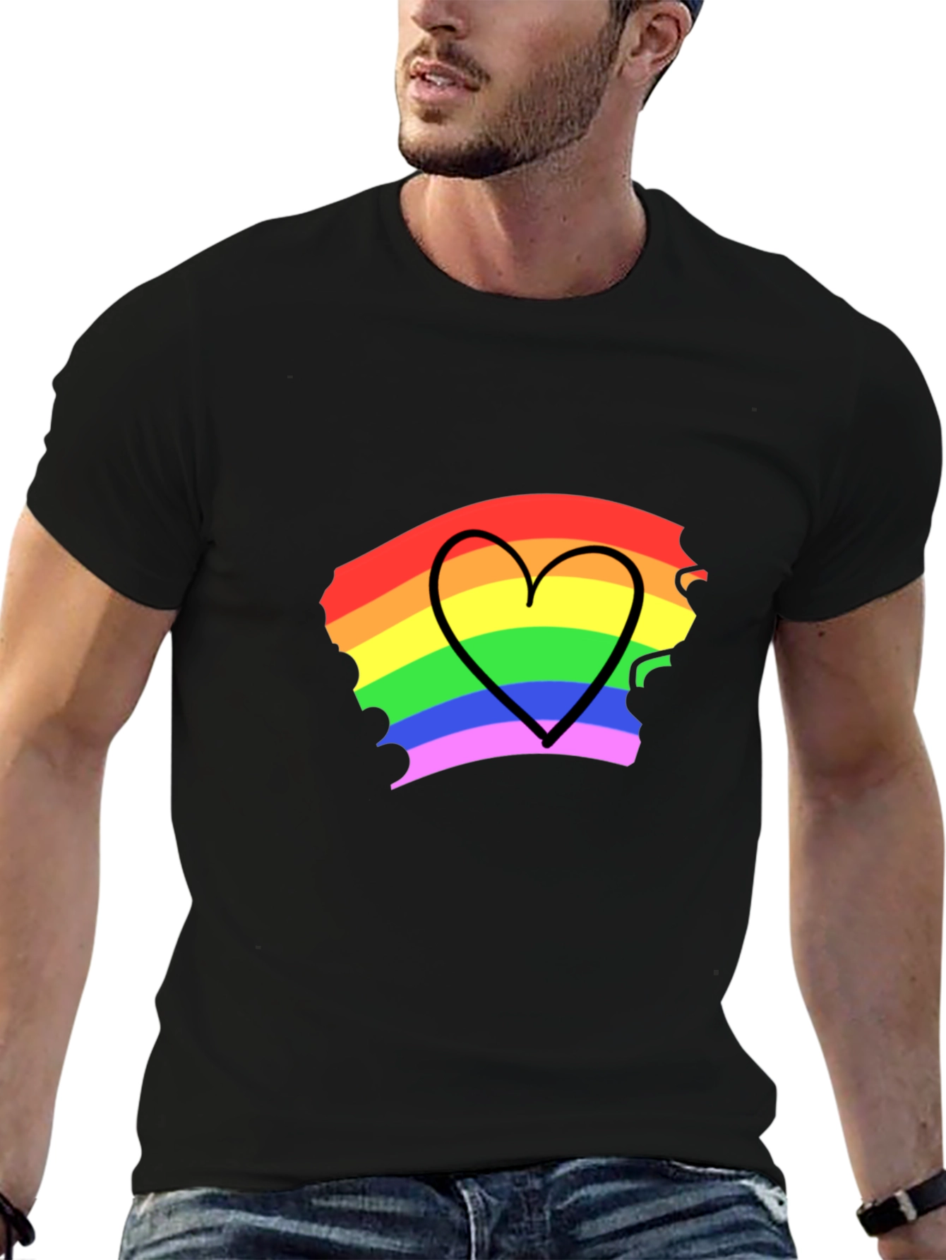 Rainbow Heart Pride T-Shirt - Black Cotton Blend