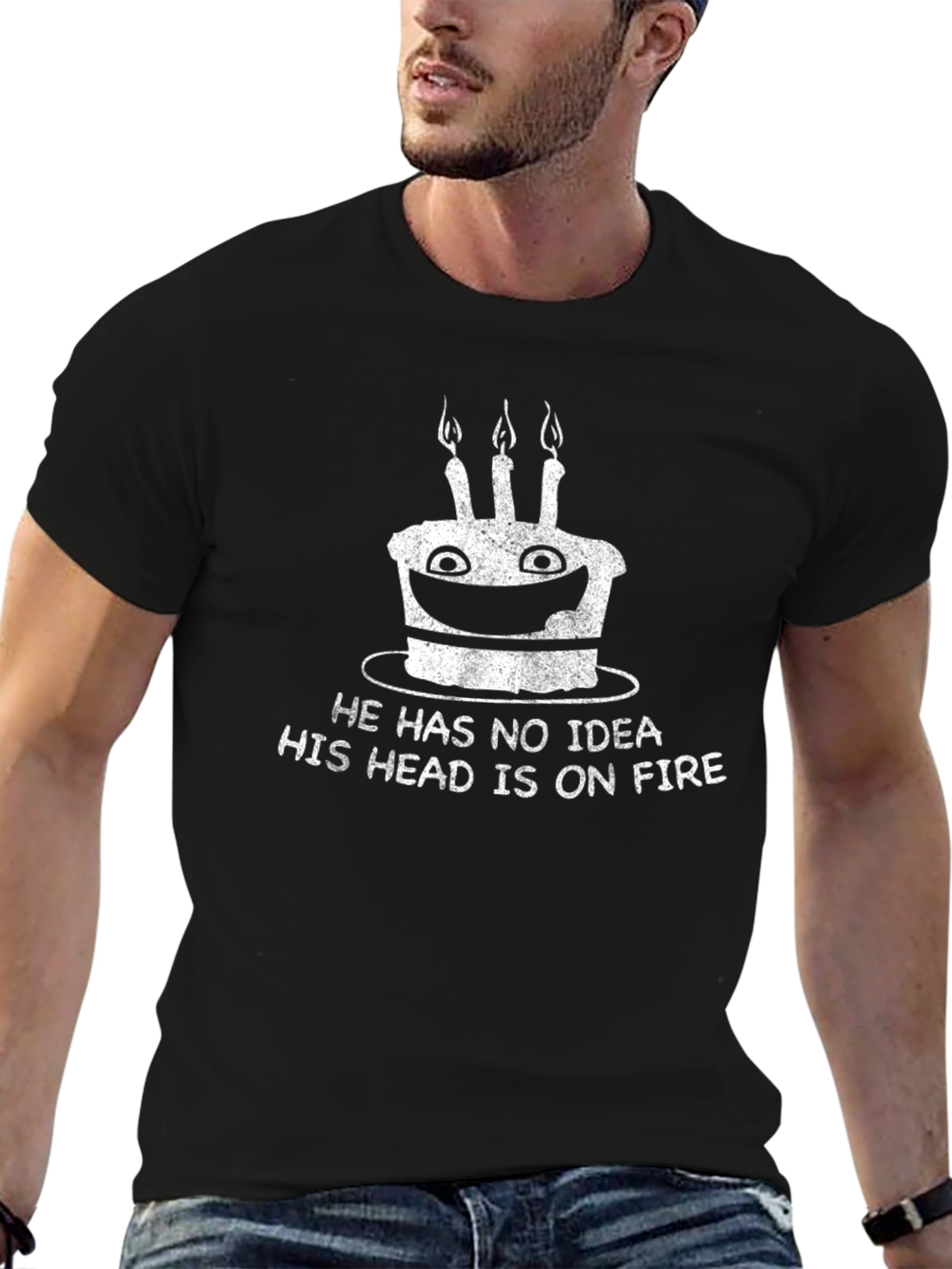 Funny Birthday Cake Head On Fire Graphic T-Shirt