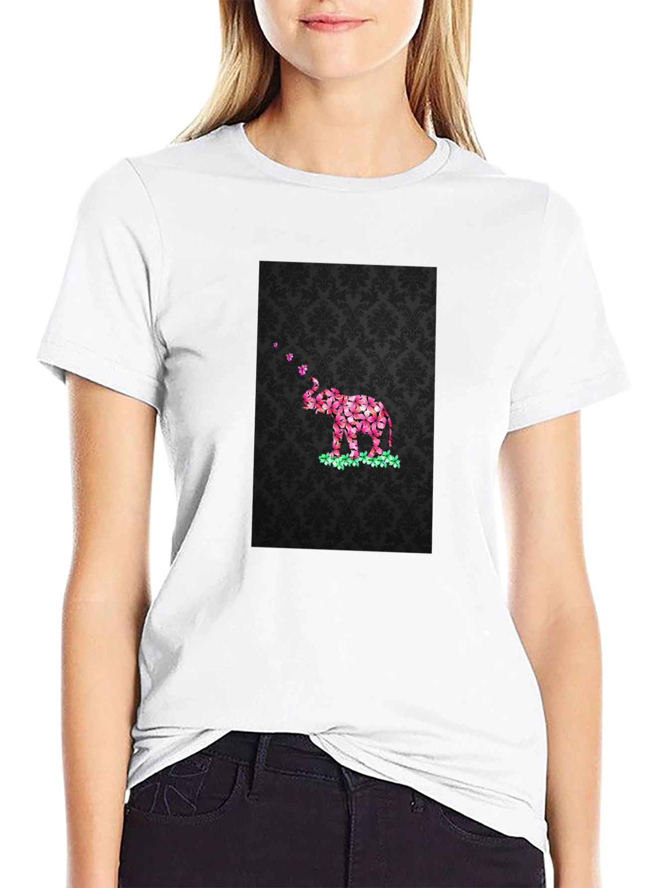 Floral Elephant Graphic Print Black T-Shirt