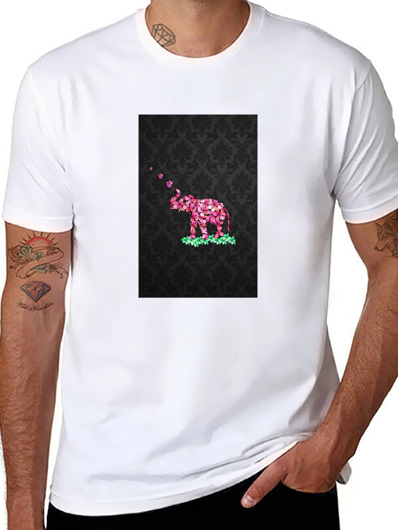 Floral Elephant Graphic Print Black T-Shirt