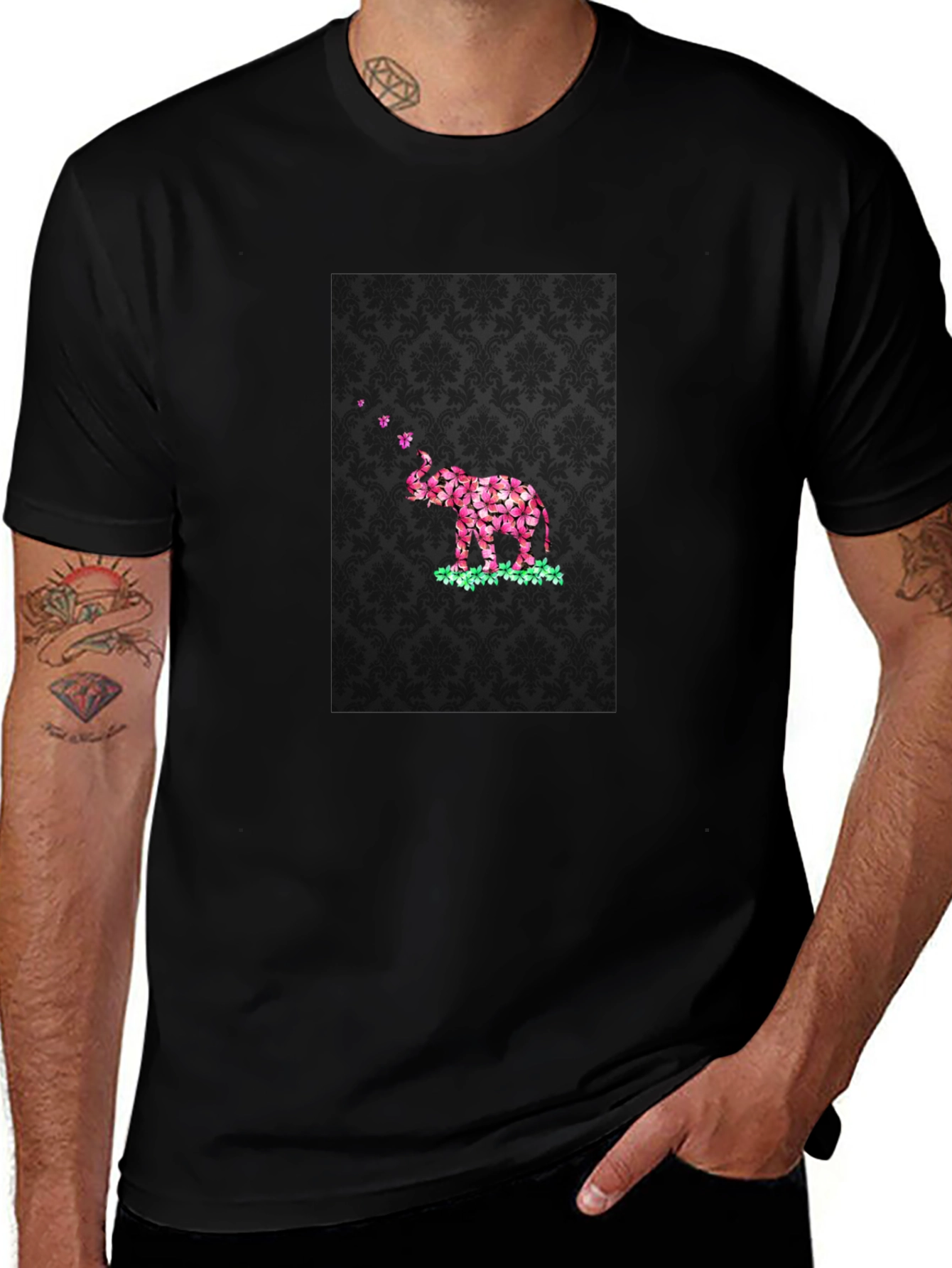 Floral Elephant Graphic Print Black T-Shirt