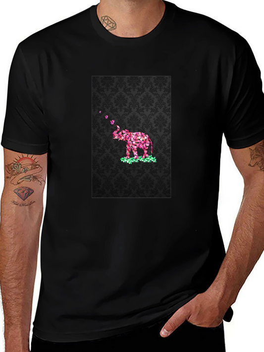 Floral Elephant Graphic Print Black T-Shirt