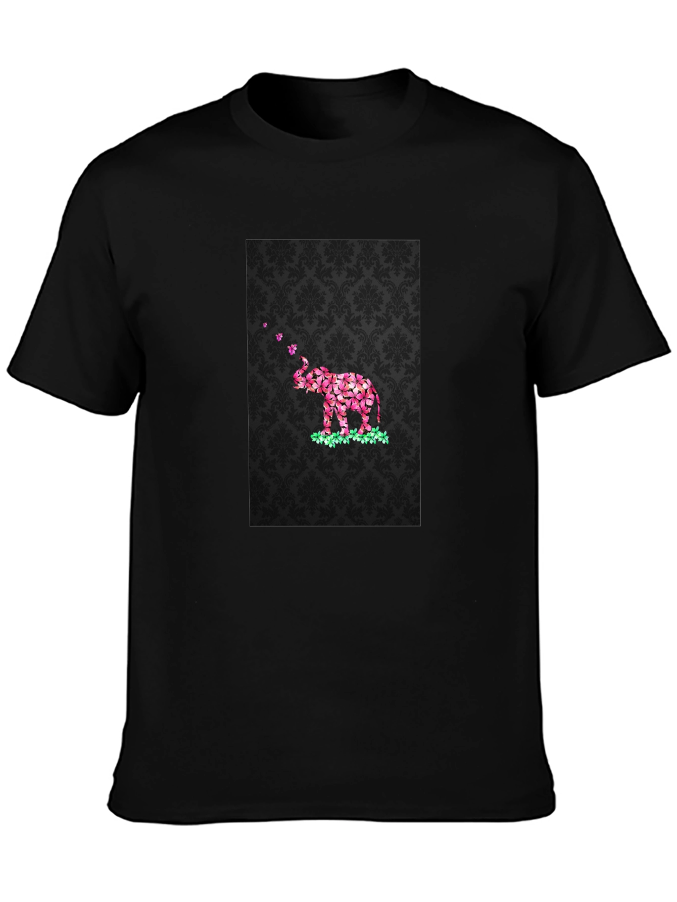 Floral Elephant Graphic Print Black T-Shirt