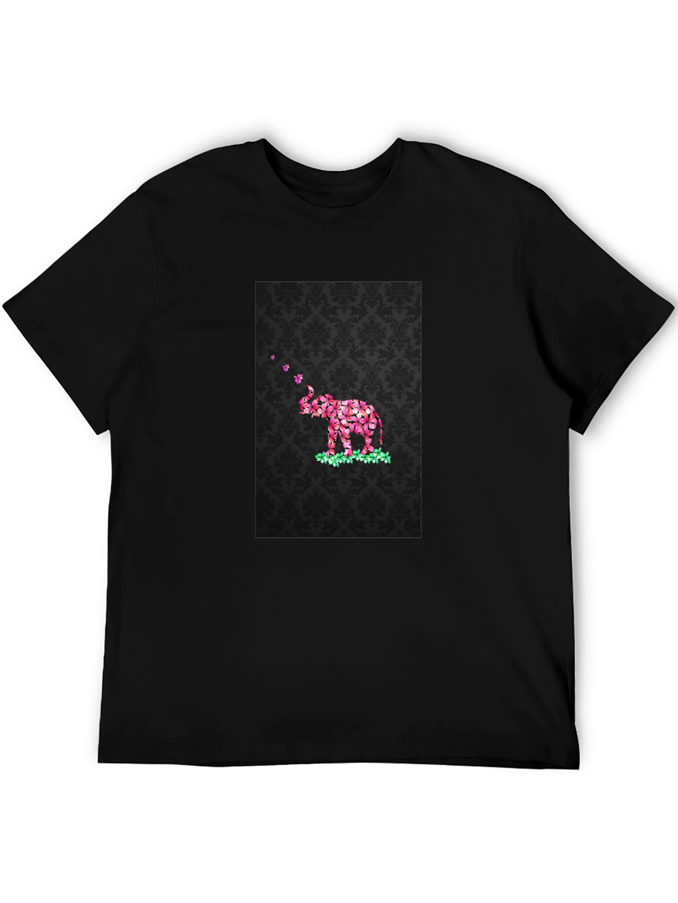 Floral Elephant Graphic Print Black T-Shirt