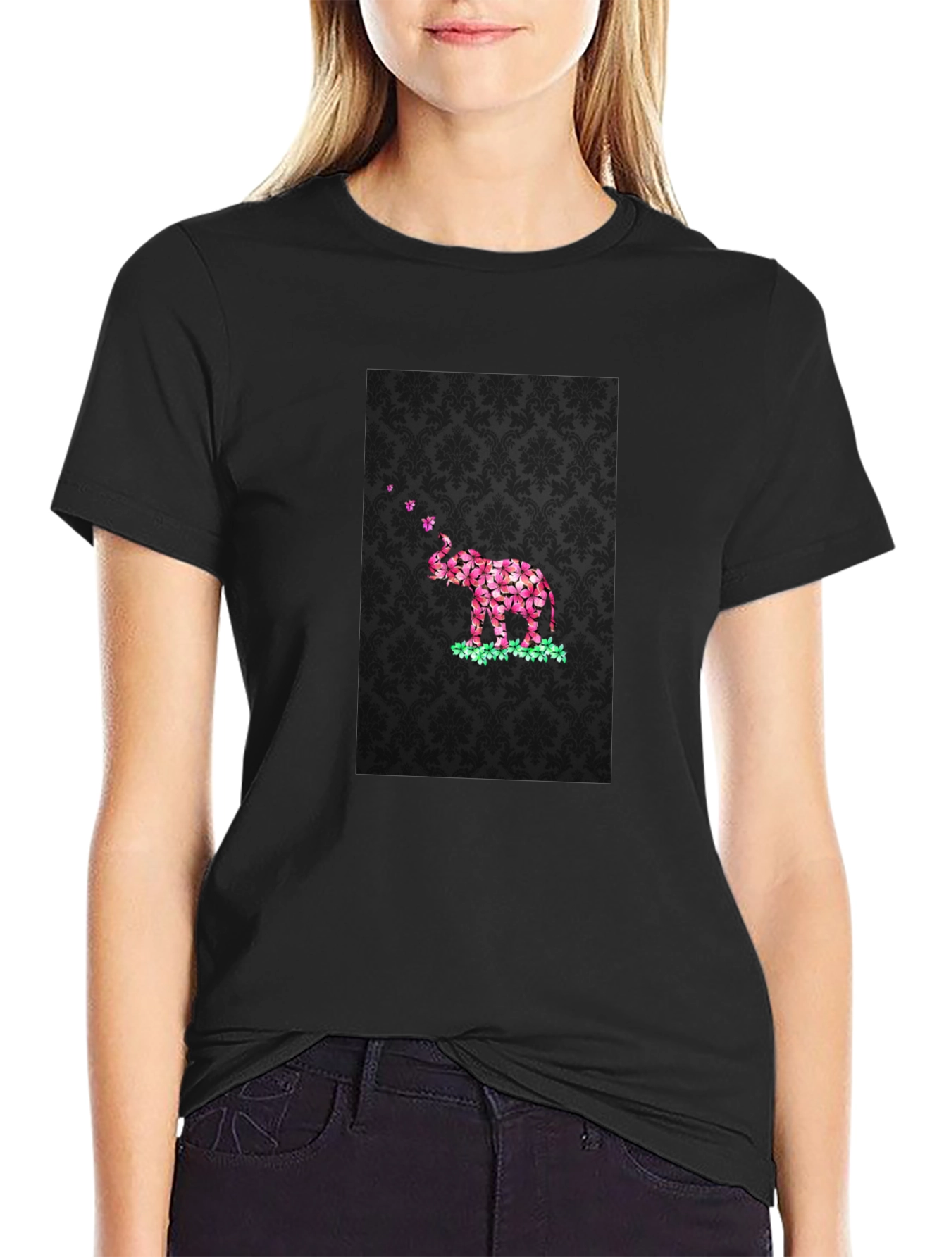 Floral Elephant Graphic Print Black T-Shirt