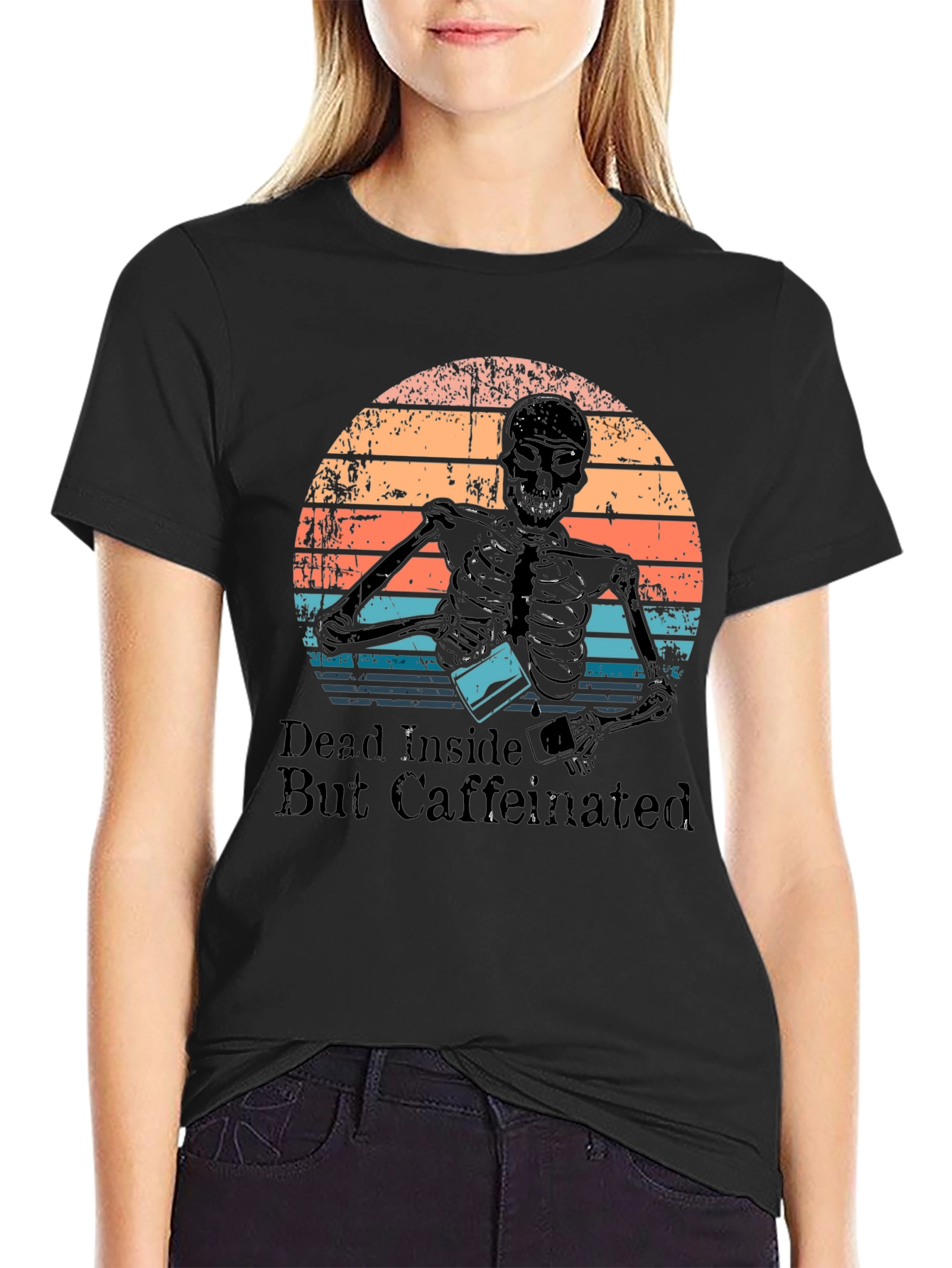 Dead Inside But Caffeinated T-Shirt Skeleton Design