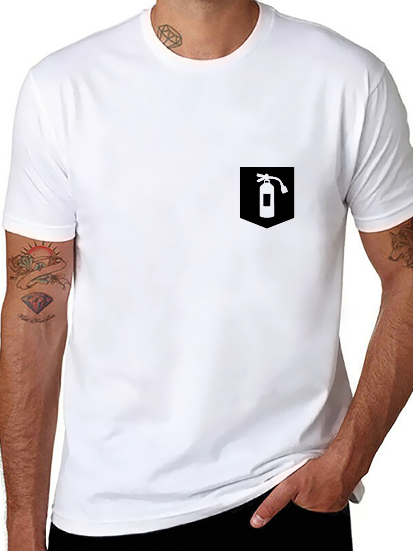 Mens Black T-Shirt w/ Fire Extinguisher Pocket Graphic