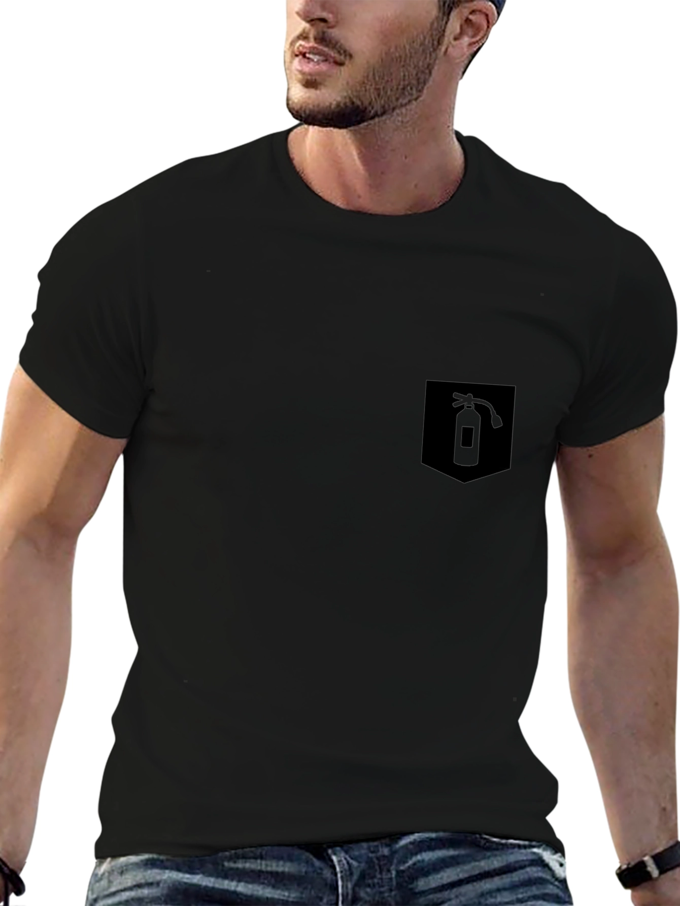 Mens Black T-Shirt w/ Fire Extinguisher Pocket Graphic
