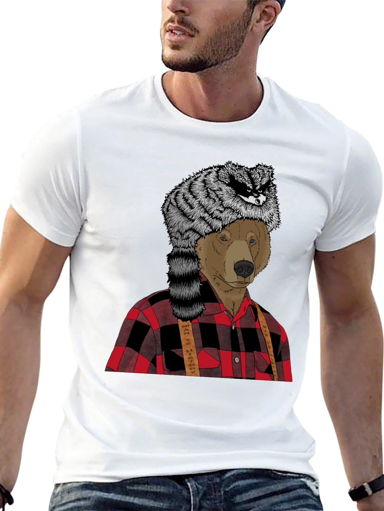 Bear in Raccoon Hat Lumberjack T-Shirt