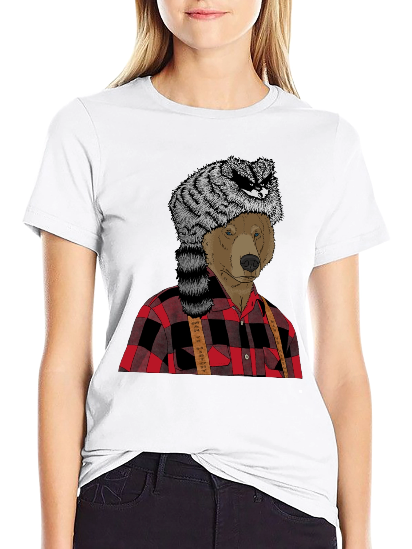 Bear in Raccoon Hat Lumberjack T-Shirt