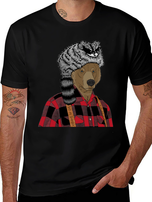 Bear in Raccoon Hat Lumberjack T-Shirt