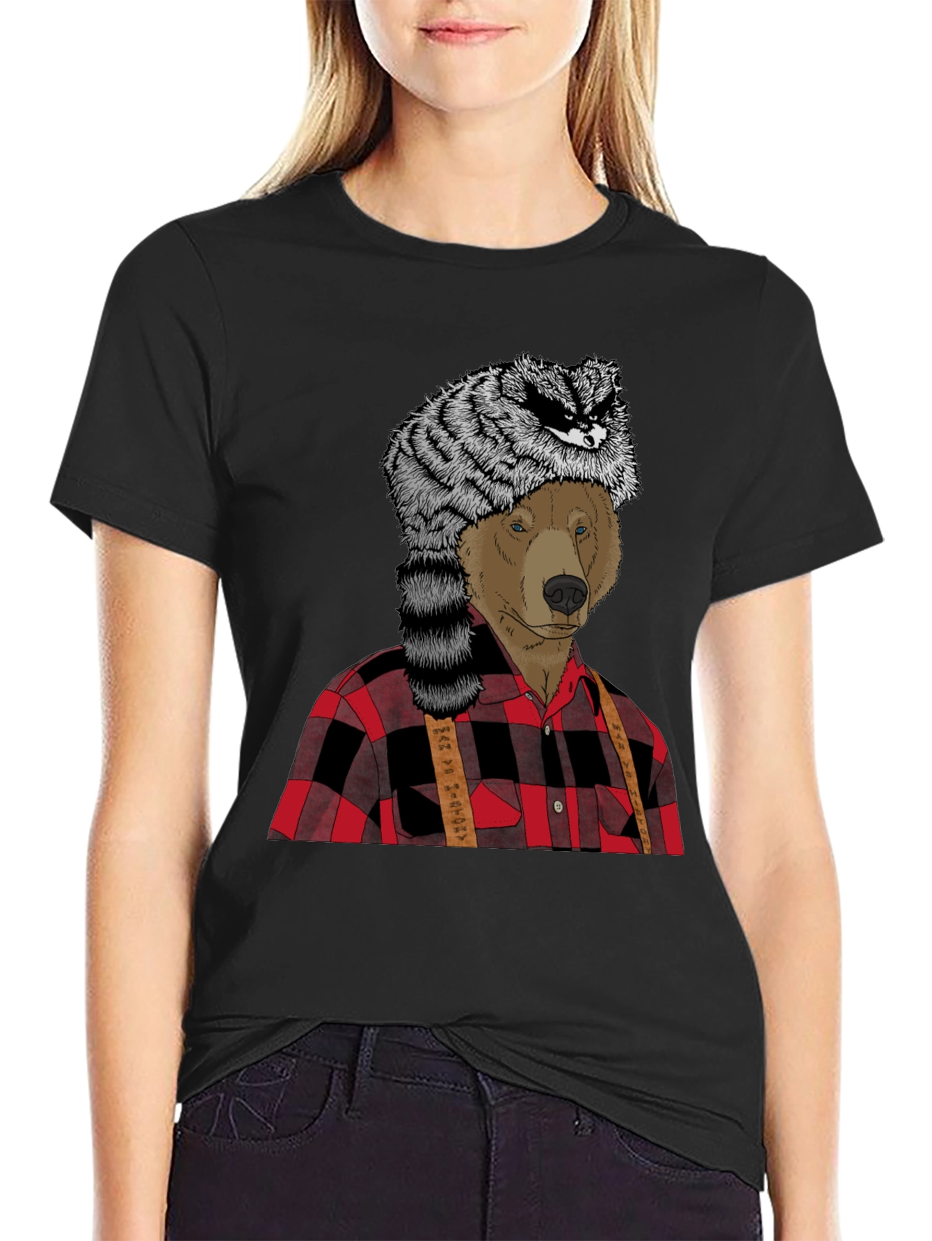 Bear in Raccoon Hat Lumberjack T-Shirt