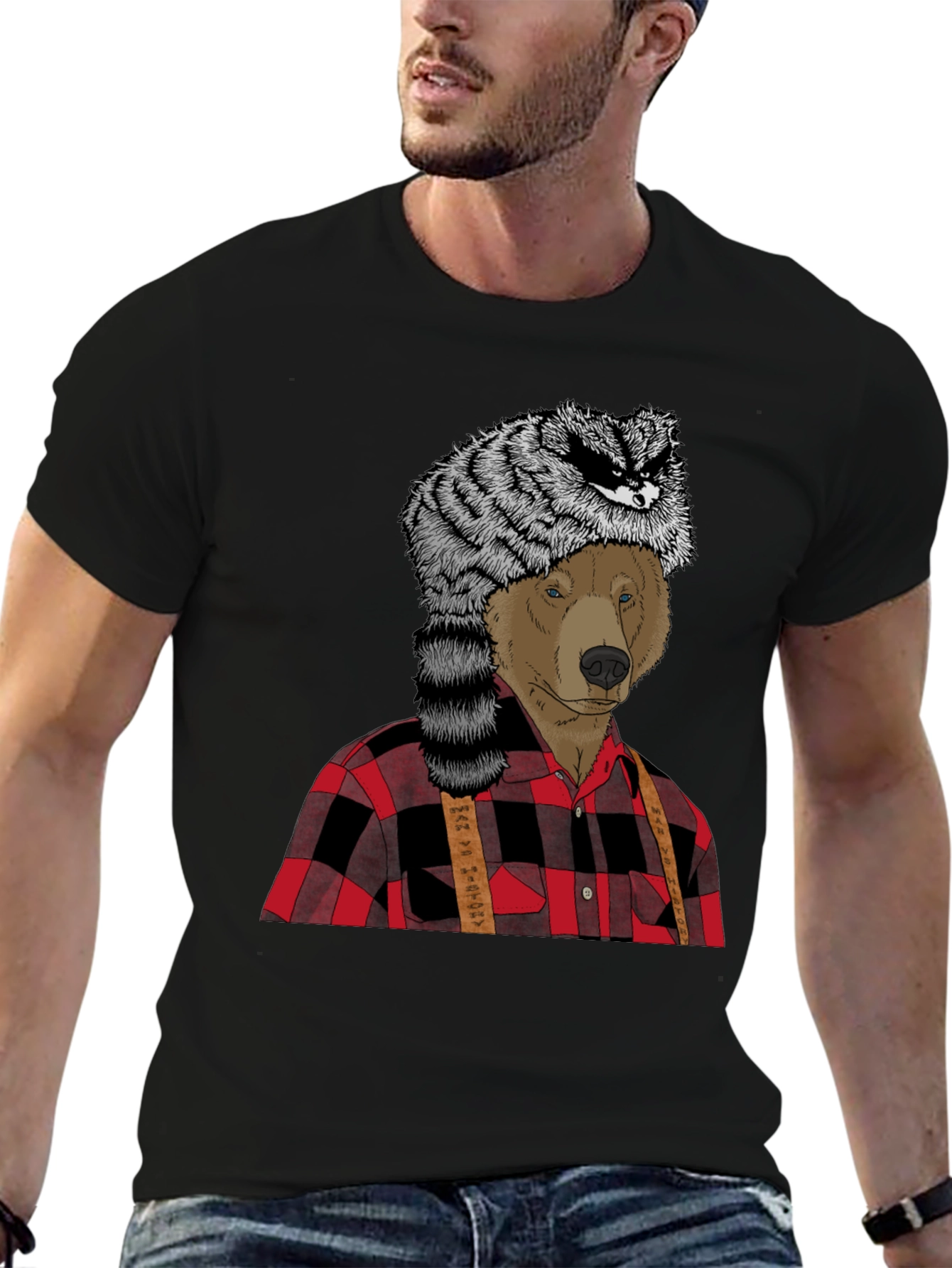 Bear in Raccoon Hat Lumberjack T-Shirt