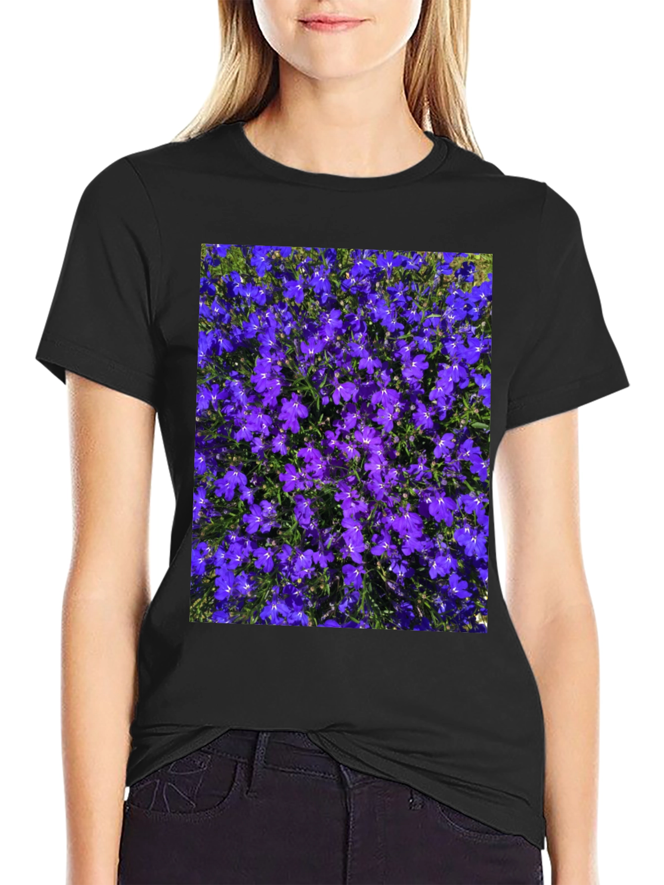 Floral Print Tee: Purple Lobelia Flower Shirt