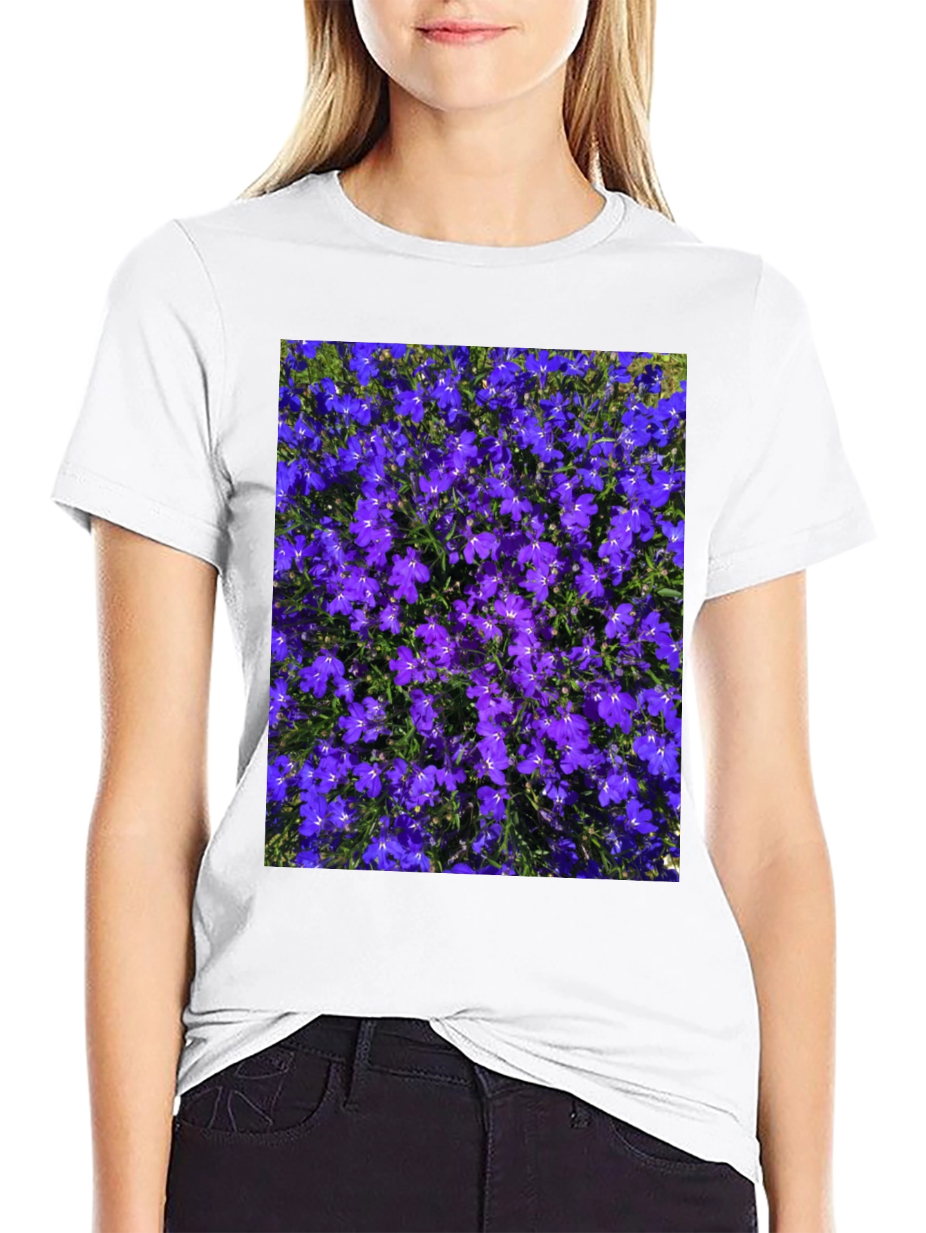 Floral Print Tee: Purple Lobelia Flower Shirt
