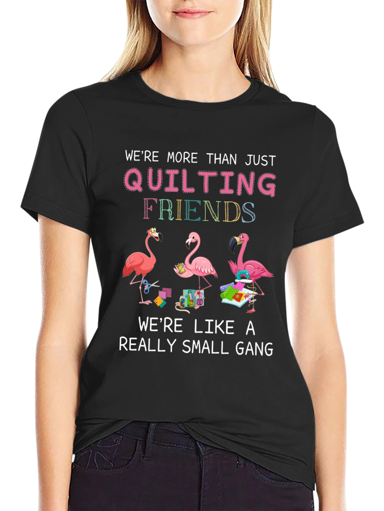 Quilting Friends Flamingo Black T-Shirt