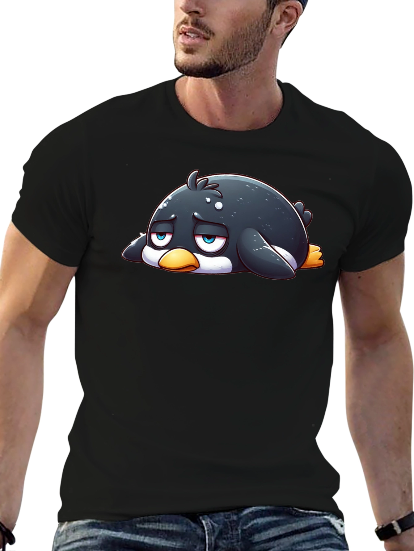 Sad Penguin Graphic Tee - Black Cotton Blend